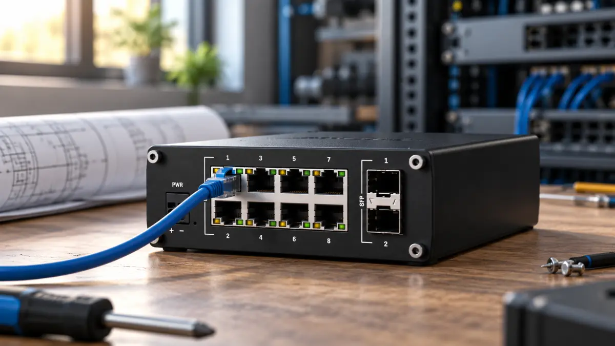 Przełącznik Teltonika TSW210 na biurku z niebieskim przewodem podłączonym do portu Ethernet.