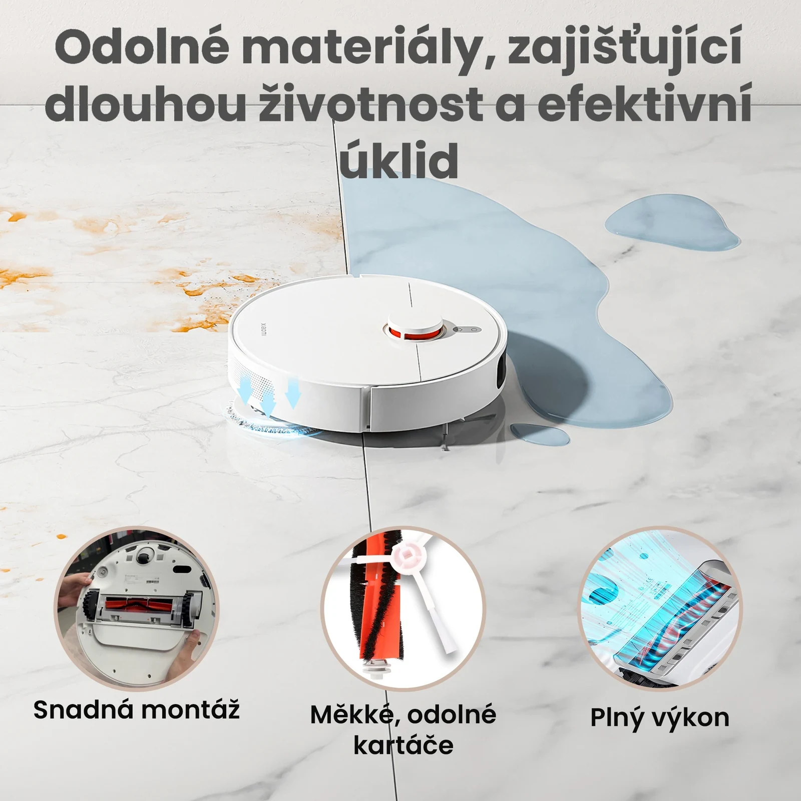 B&iacute;l&yacute; robotick&yacute; vysavač pohybuj&iacute;c&iacute; se po podlaze s mokr&yacute;mi a such&yacute;mi nečistotami