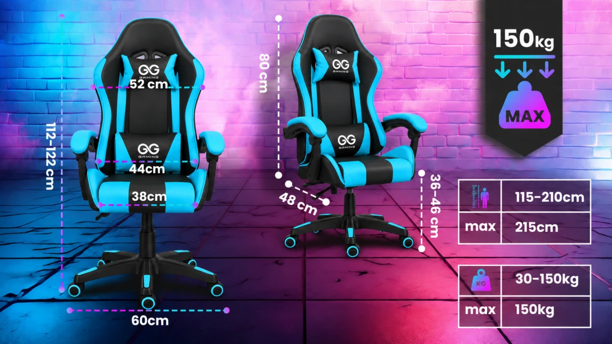 Dimensões da cadeira gaming Extralink G-523 preto-azul e informação sobre a carga máxima de 150 kg.