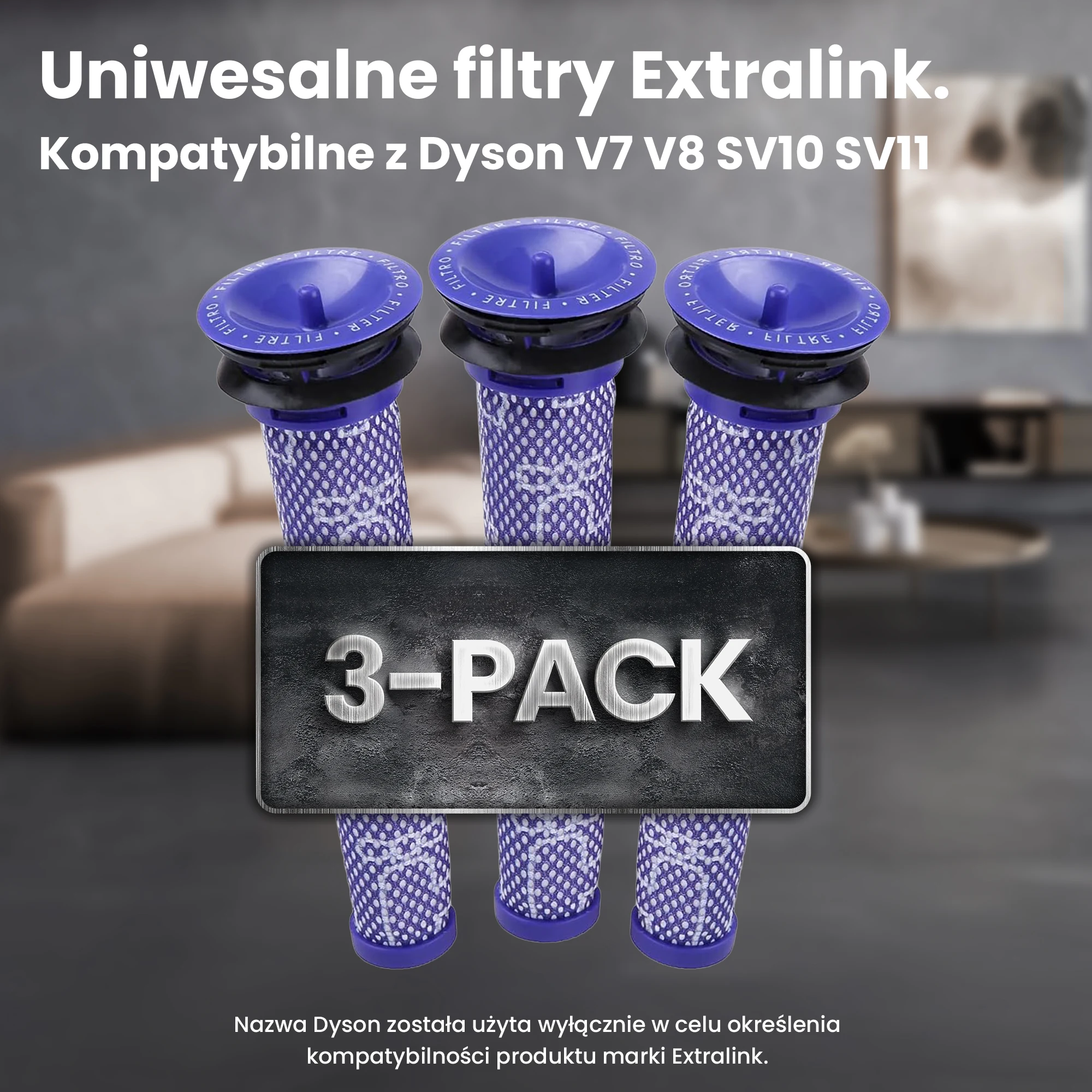 Trzy filtry Extralink do odkurzaczy Dyson V7 i V8, zestaw zamienników Pre-Motor oraz HEPA Post-Motor