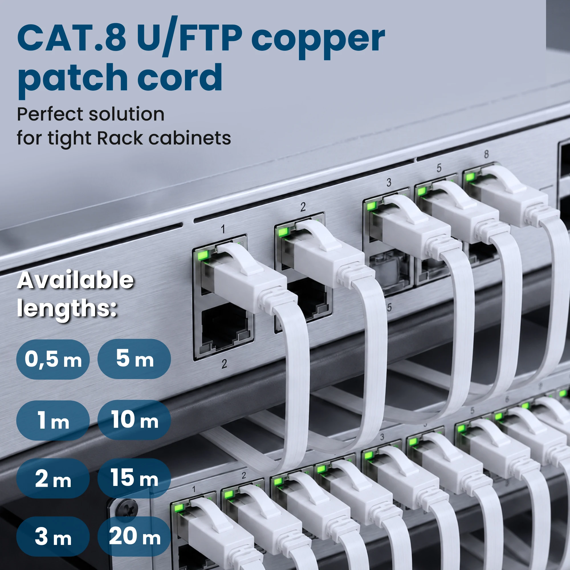White flat RJ45 patch cords connected to network device ports in a rack cabinet