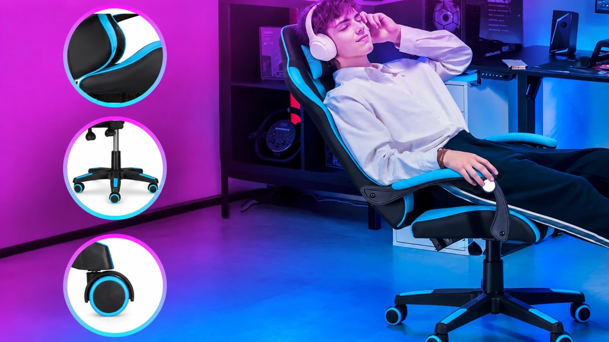 Utilizador a descansar numa cadeira gaming Extralink G-523 reclinada e detalhes da base e das rodas.
