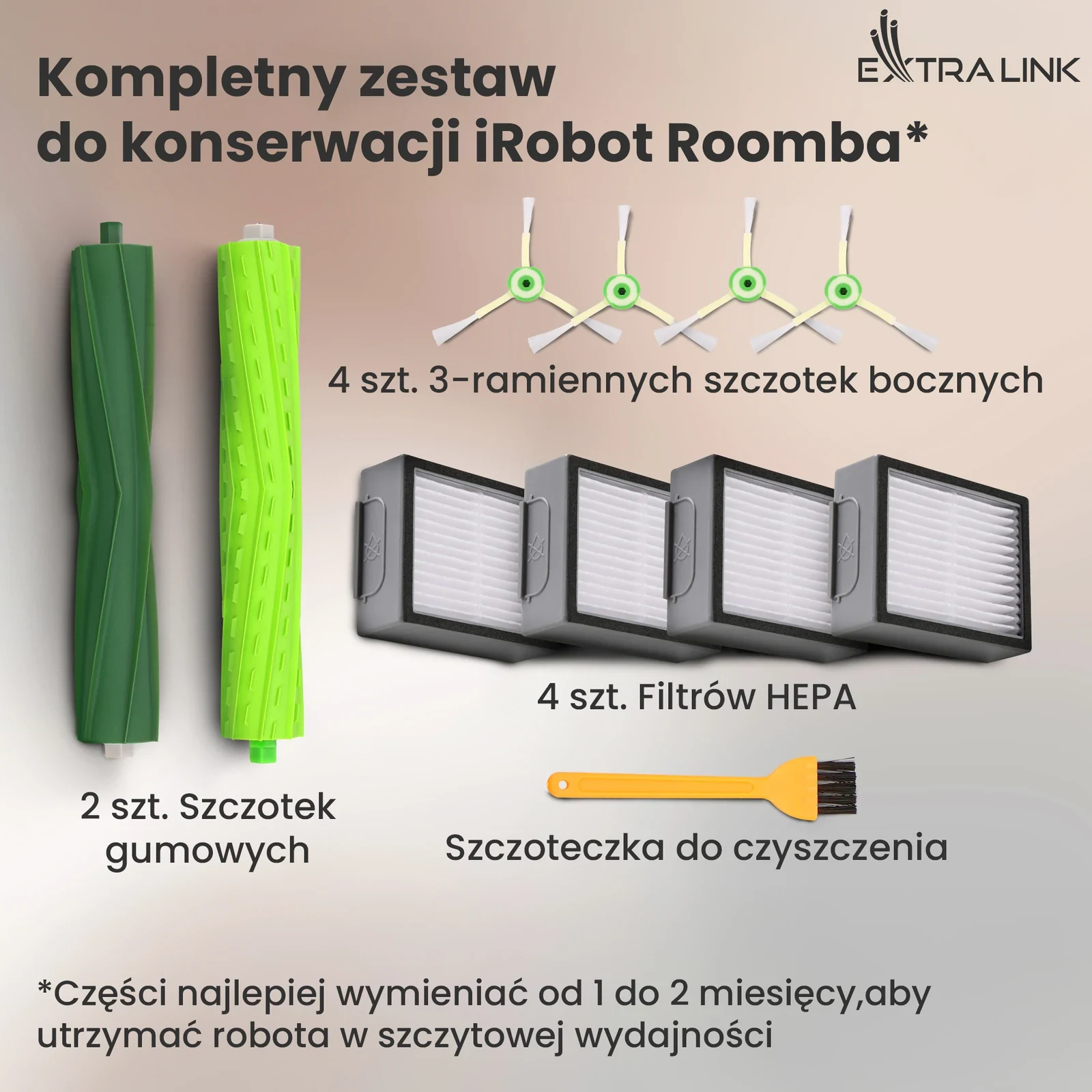 Zestaw części do iRobot Roomba: szczotki boczne, filtry, rolki gumowe i szczoteczka