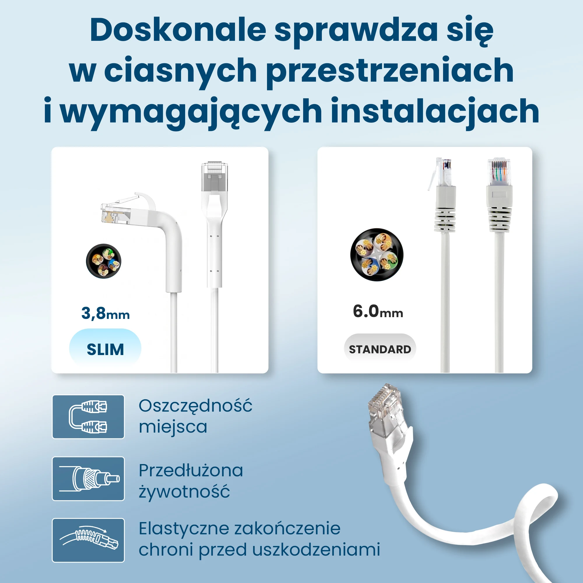 Biały patchcord Extralink z giętkimi osłonami do oszczędzających miejsce instalacji sieciowych