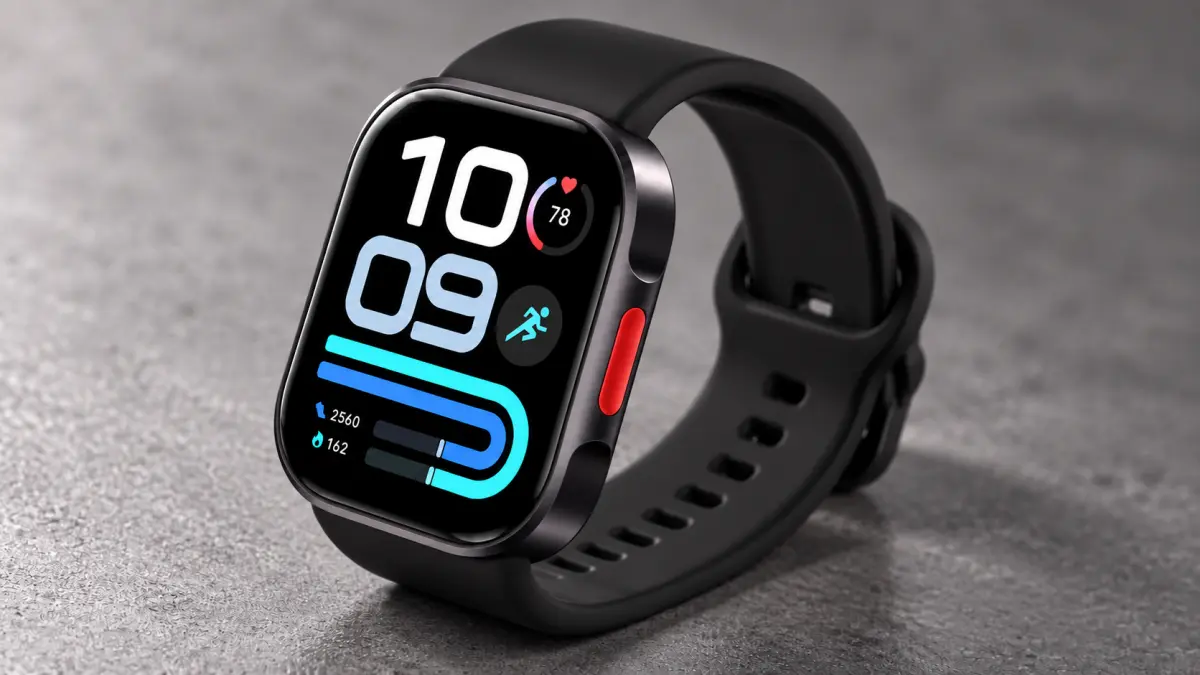 Schwarze Redmi Watch 6 Active Smartwatch mit glattem Armband auf grauer Oberfläche