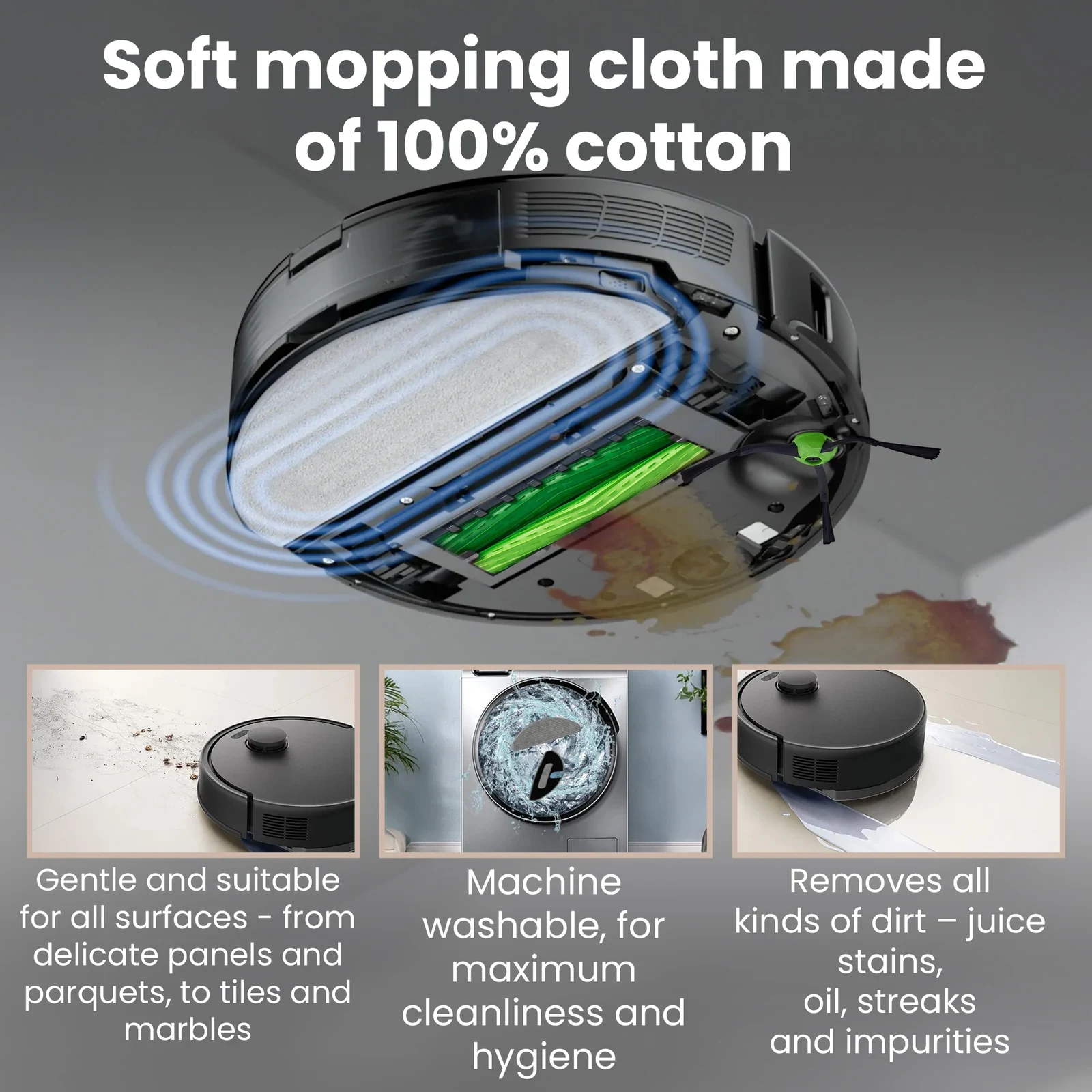 Underside of a Roomba robot with a white mopping cloth and green brush fitted