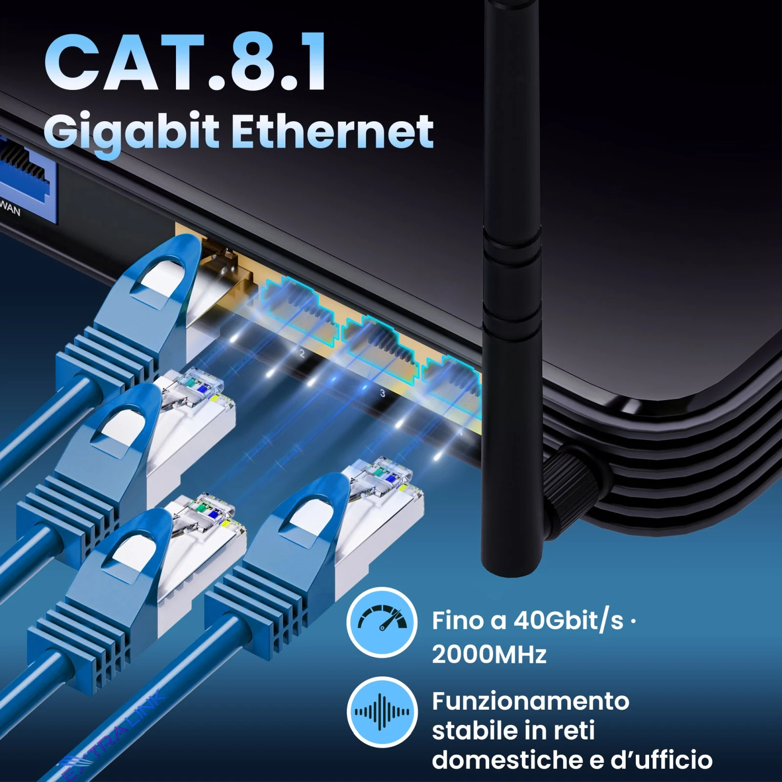 Patchcord RJ45 schermati blu collegati a un router e a uno switch di rete