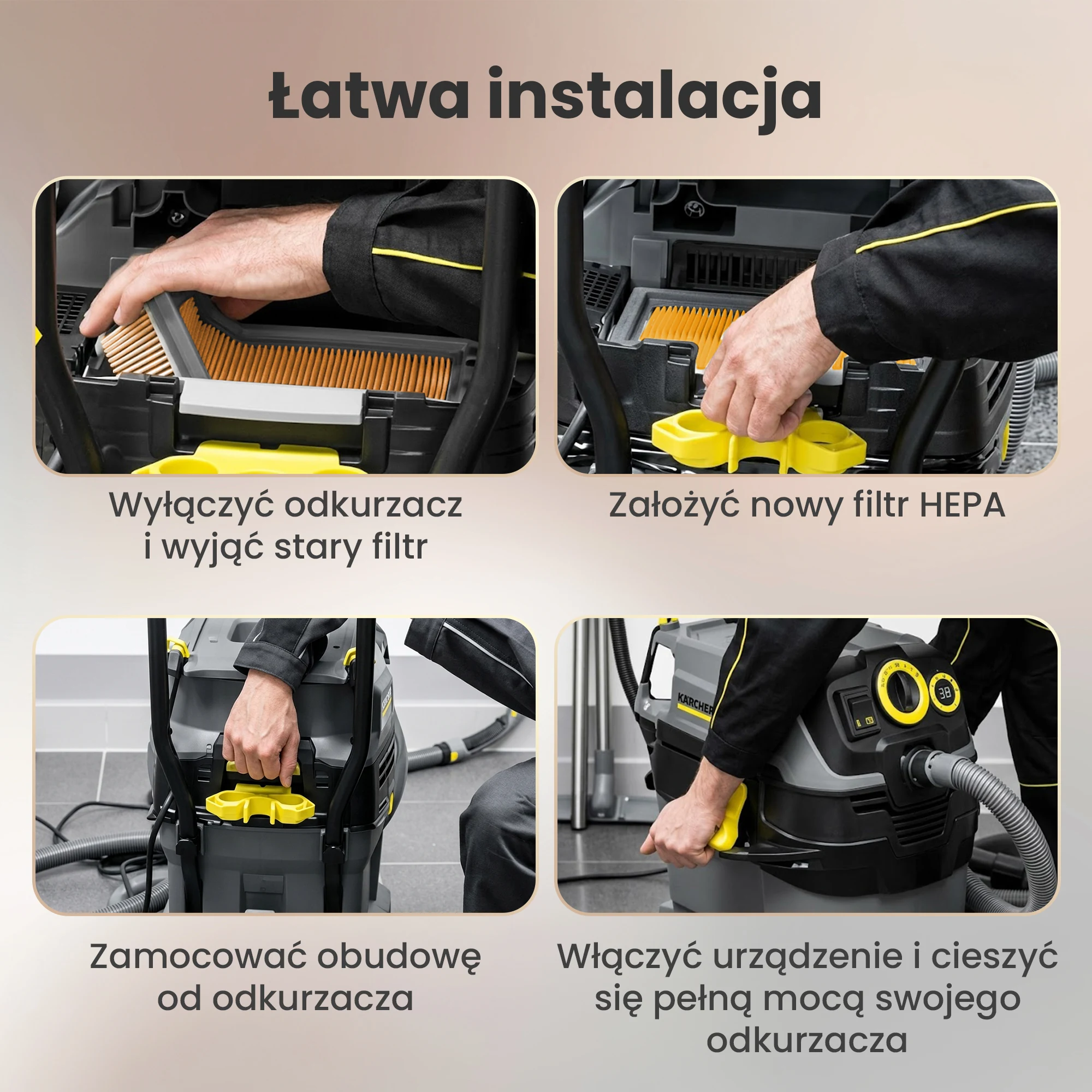Montaż płaskiego filtra powietrza w przemysłowym odkurzaczu K&auml;rcher