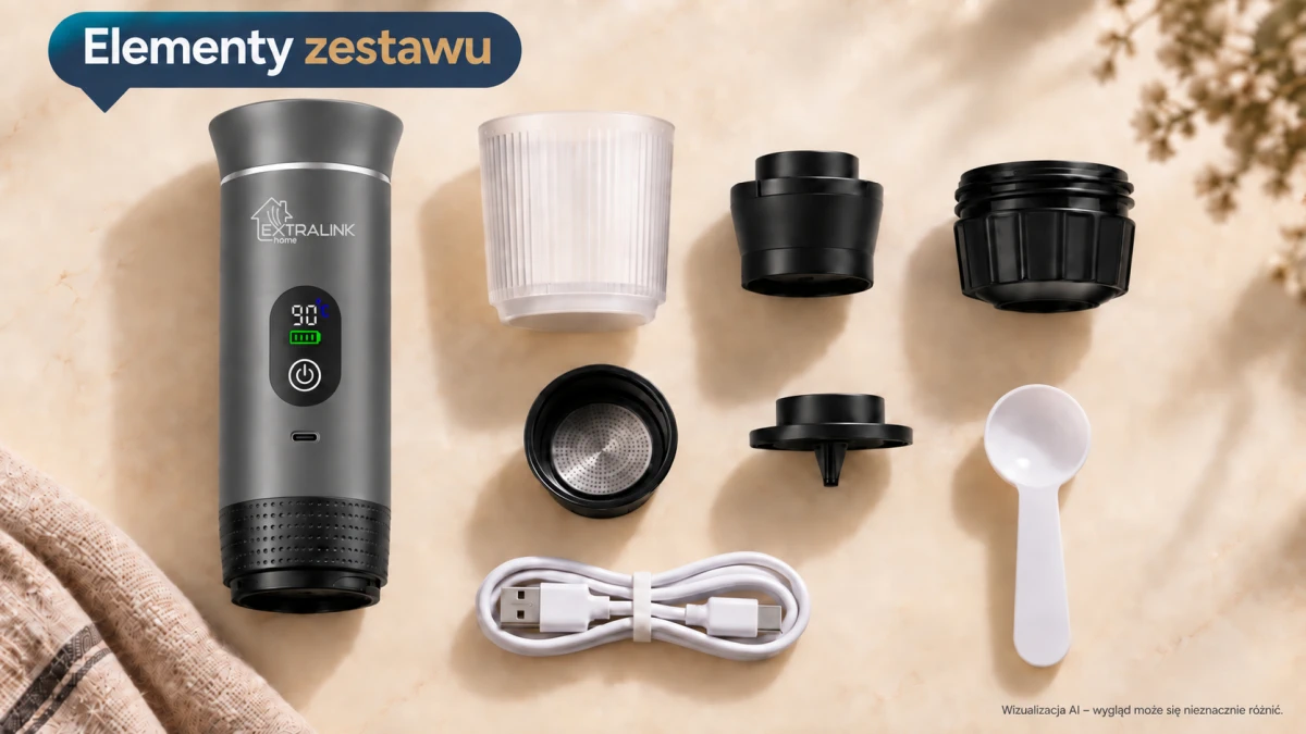 Macchina da caffè grigia Extralink Espresso2Go 3 in 1 pensata per l’uso a casa e in viaggio.