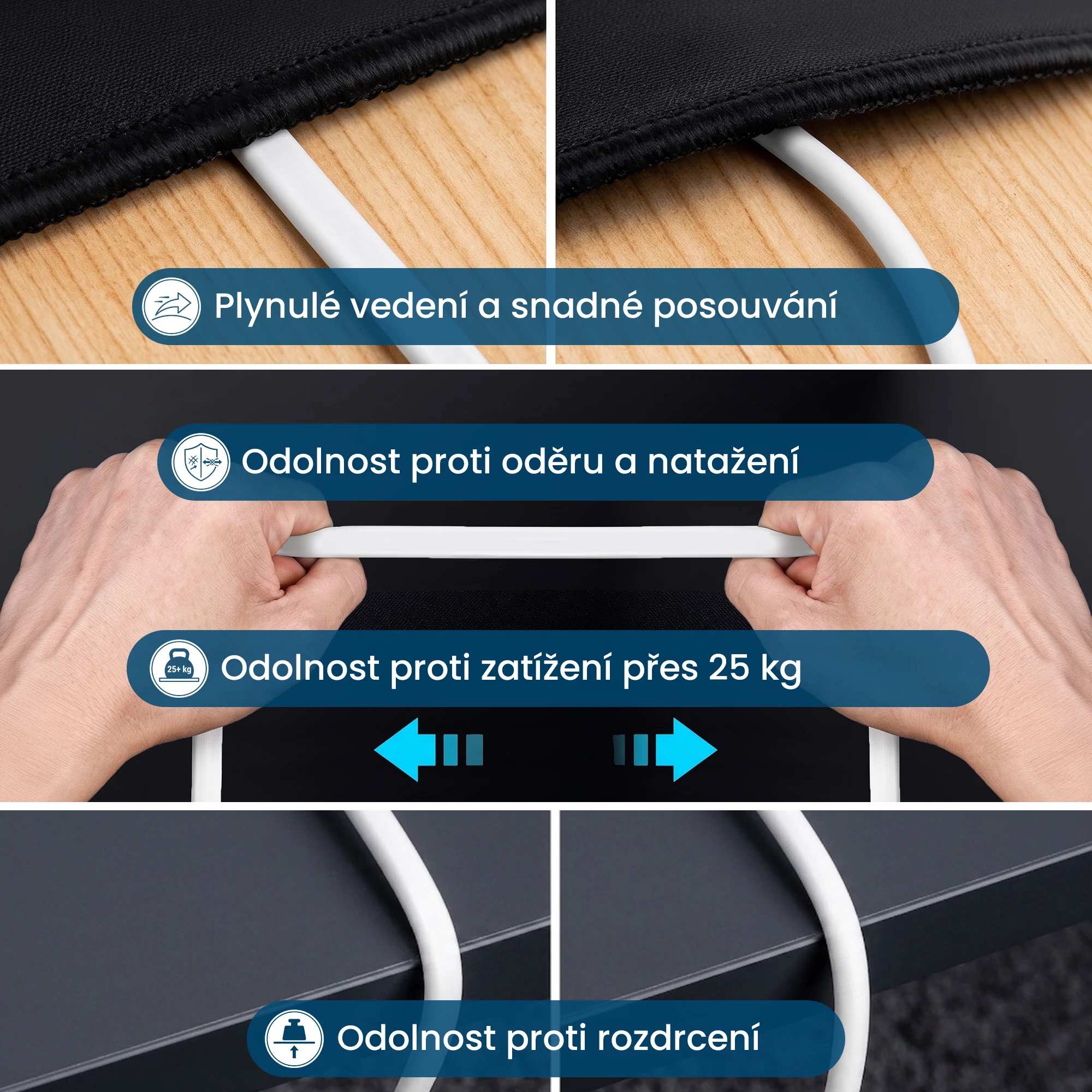 Bílý plochý kabel vedený pod látkou, natahovaný rukama a ohýbaný přes hranu