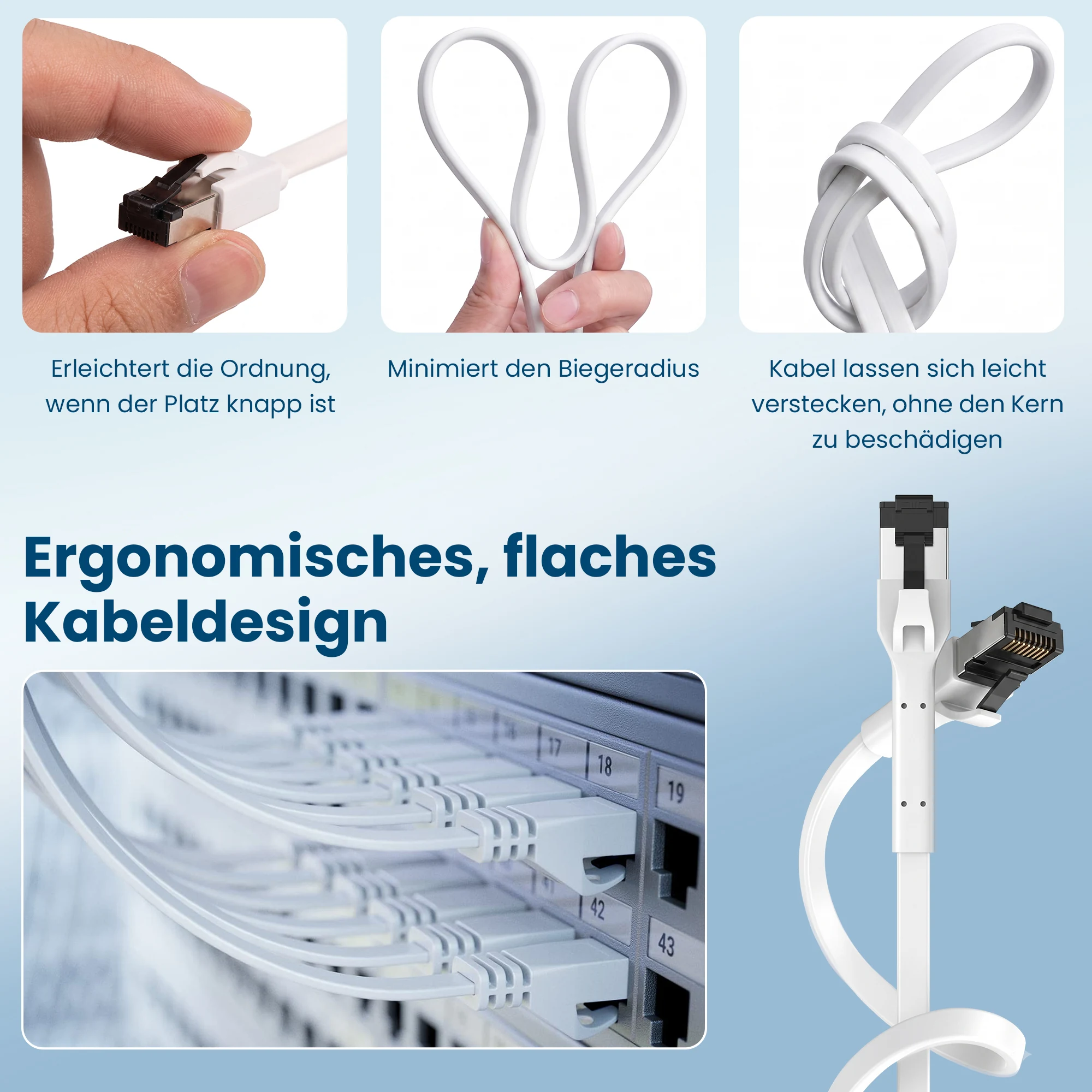 Weißes flaches Netzwerkkabel mit RJ45-Stecker, gebogen und in engem Raum verlegt