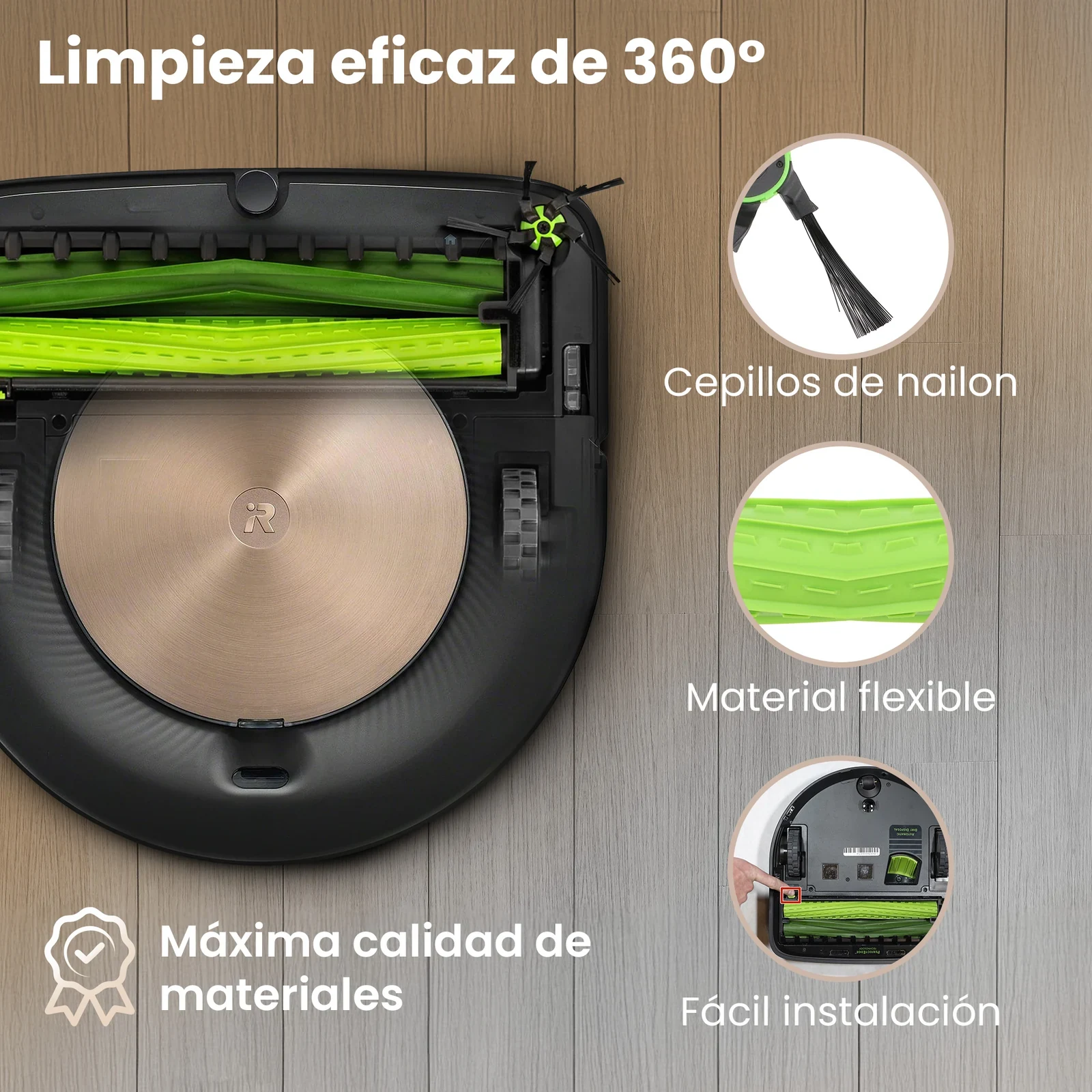 Parte inferior de un robot aspirador negro con rodillos de goma verdes y un cepillo lateral