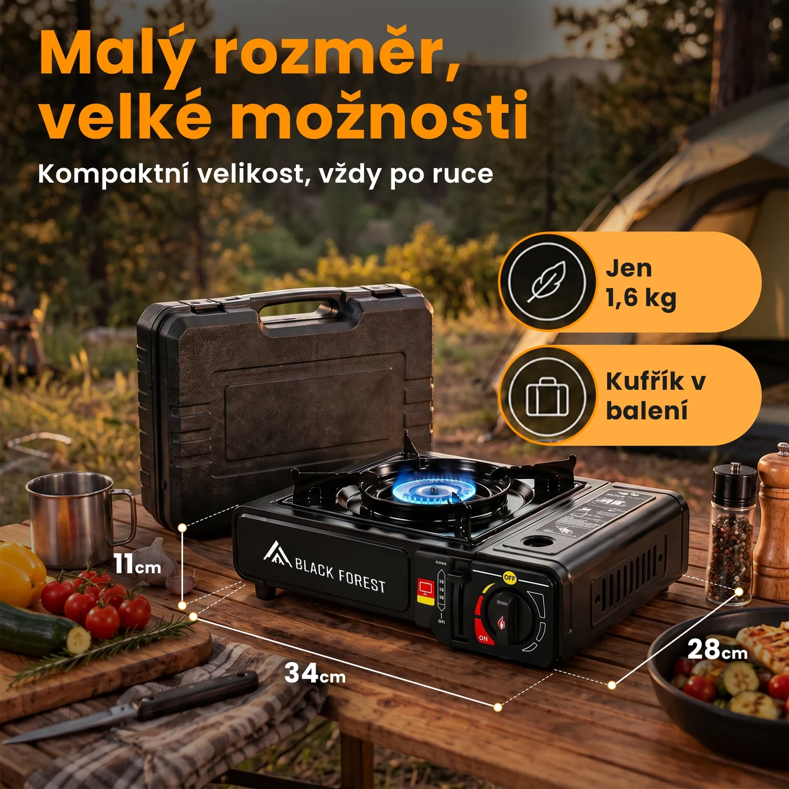 Kempingový vařič s přepravním kufříkem a vyznačenými rozměry