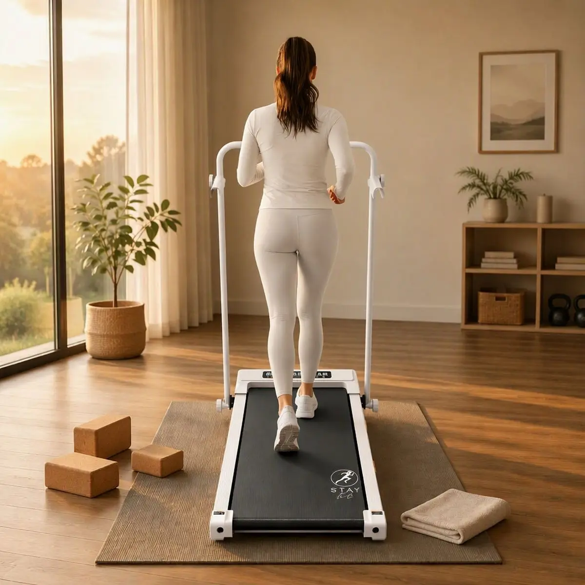 Kobieta biegnie na płaskiej bieżni domowej StayFit Aurora ustawionej w jasnym salonie