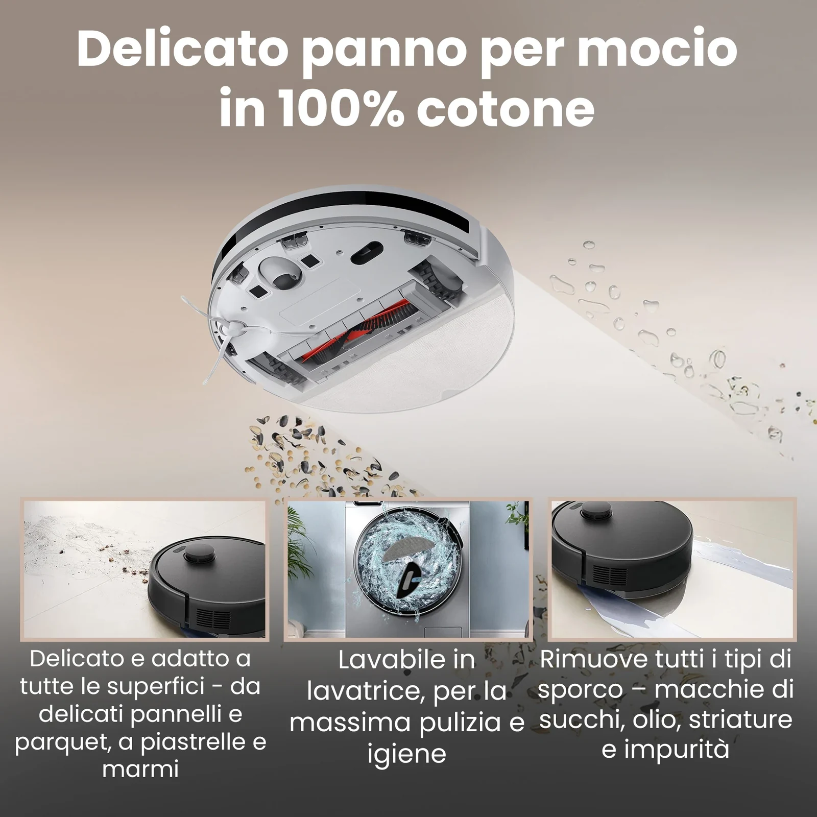 Robot aspirapolvere con panno lavapavimenti installato e immagini della pulizia di diversi pavimenti sporchi