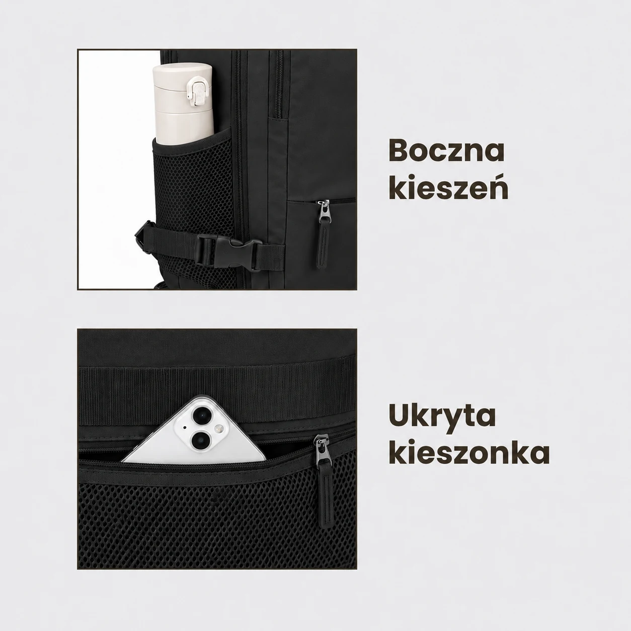 Czarny plecak z boczną kieszenią na butelkę i ukrytą kieszonką z telefonem.