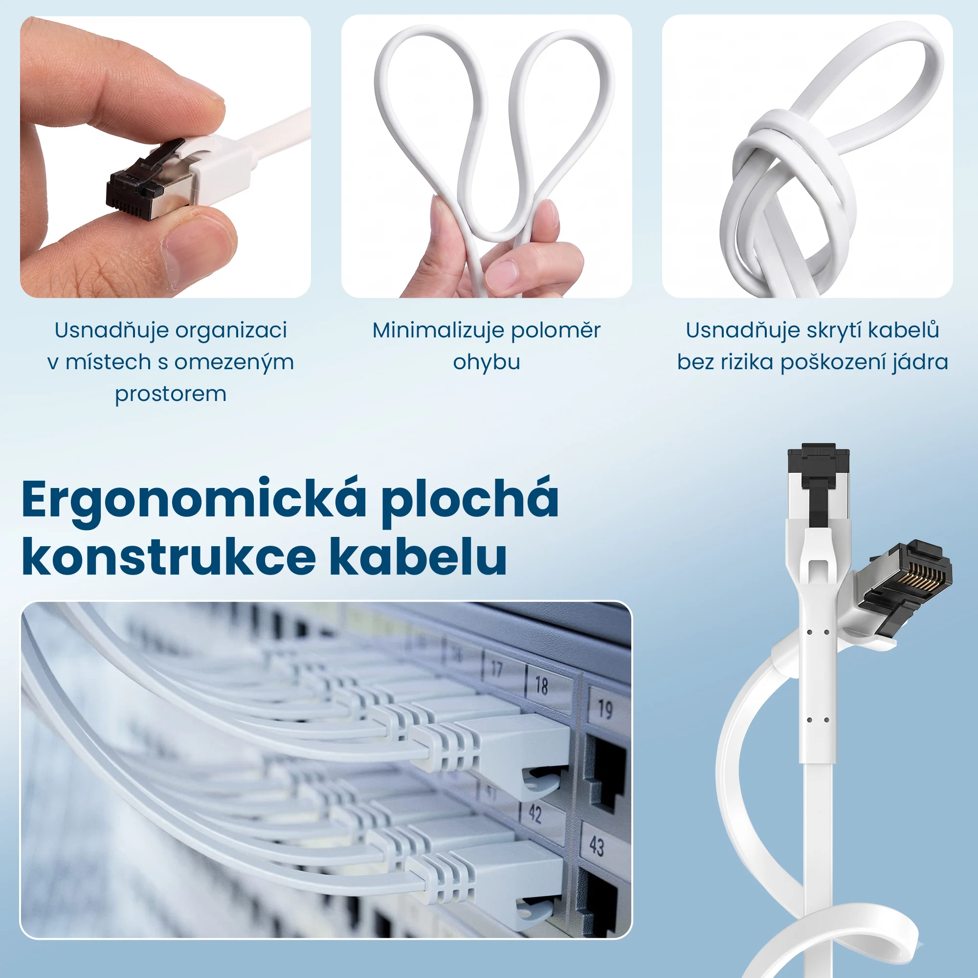Bílý plochý síťový kabel se zástrčkou RJ45, ohnutý a vedený v úzkém prostoru
