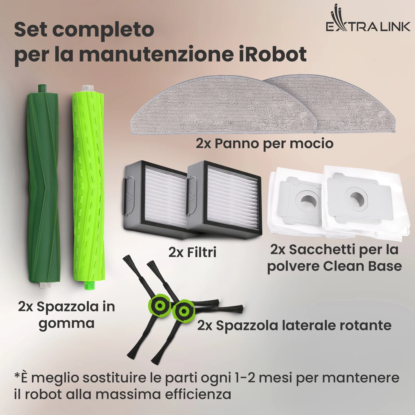 Kit di parti Extralink per Roomba: spazzole in gomma, filtri, spazzole laterali, panni per mocio e sacchetti Clean Base