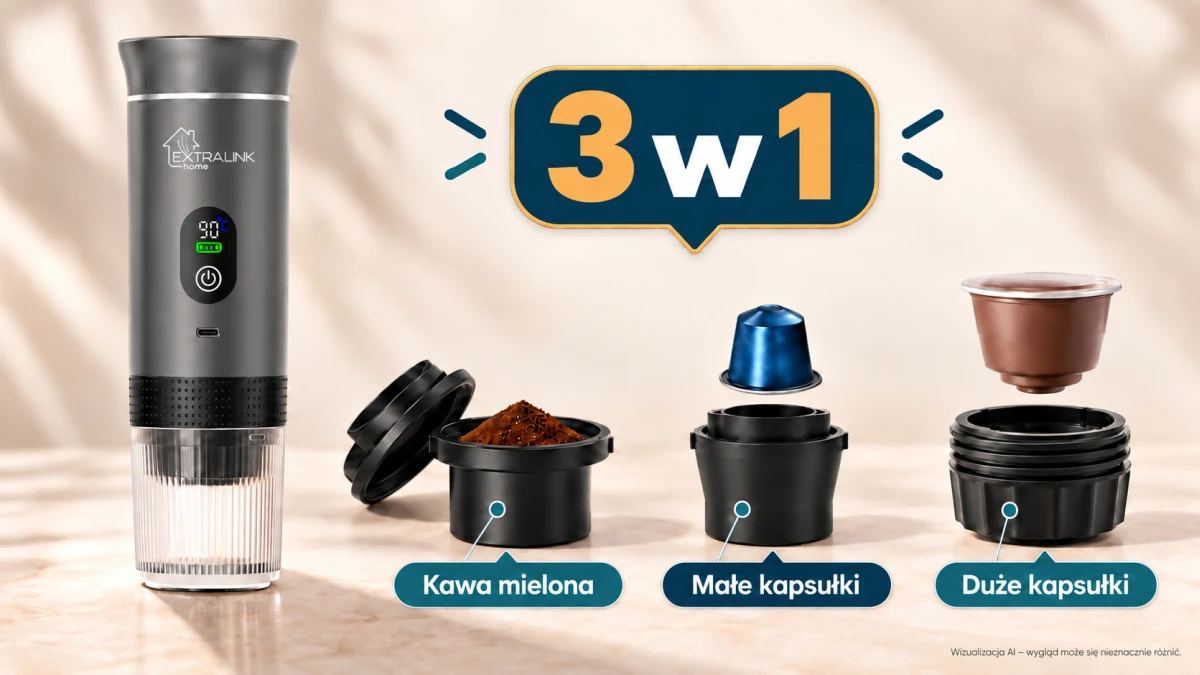 Macchina da caffè portatile grigia Extralink Espresso2Go 3 in 1 con alimentazione a batteria.