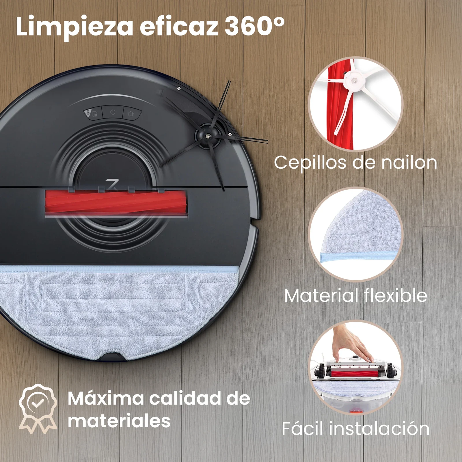 Robot Roborock con un cepillo principal rojo, un cepillo lateral y una almohadilla de fregado azul