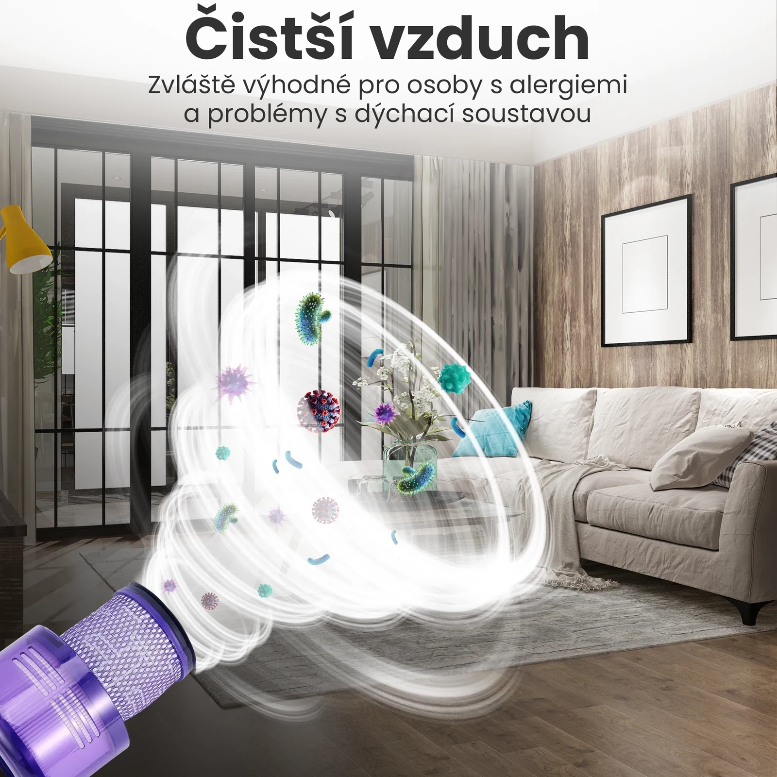 Fialový filtr do vysavače Dyson na pozadí světlého obývacího pokoje s bílou pohovkou a grafikou symbolizující vířící vzduch