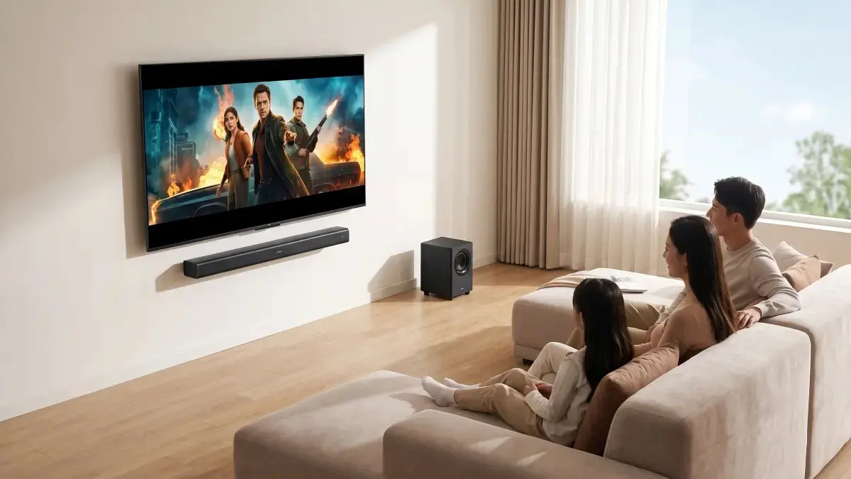Perhe katsoo elokuvaa televisiosta soundbarin ja subwooferin kanssa kirkkaassa olohuoneessa.