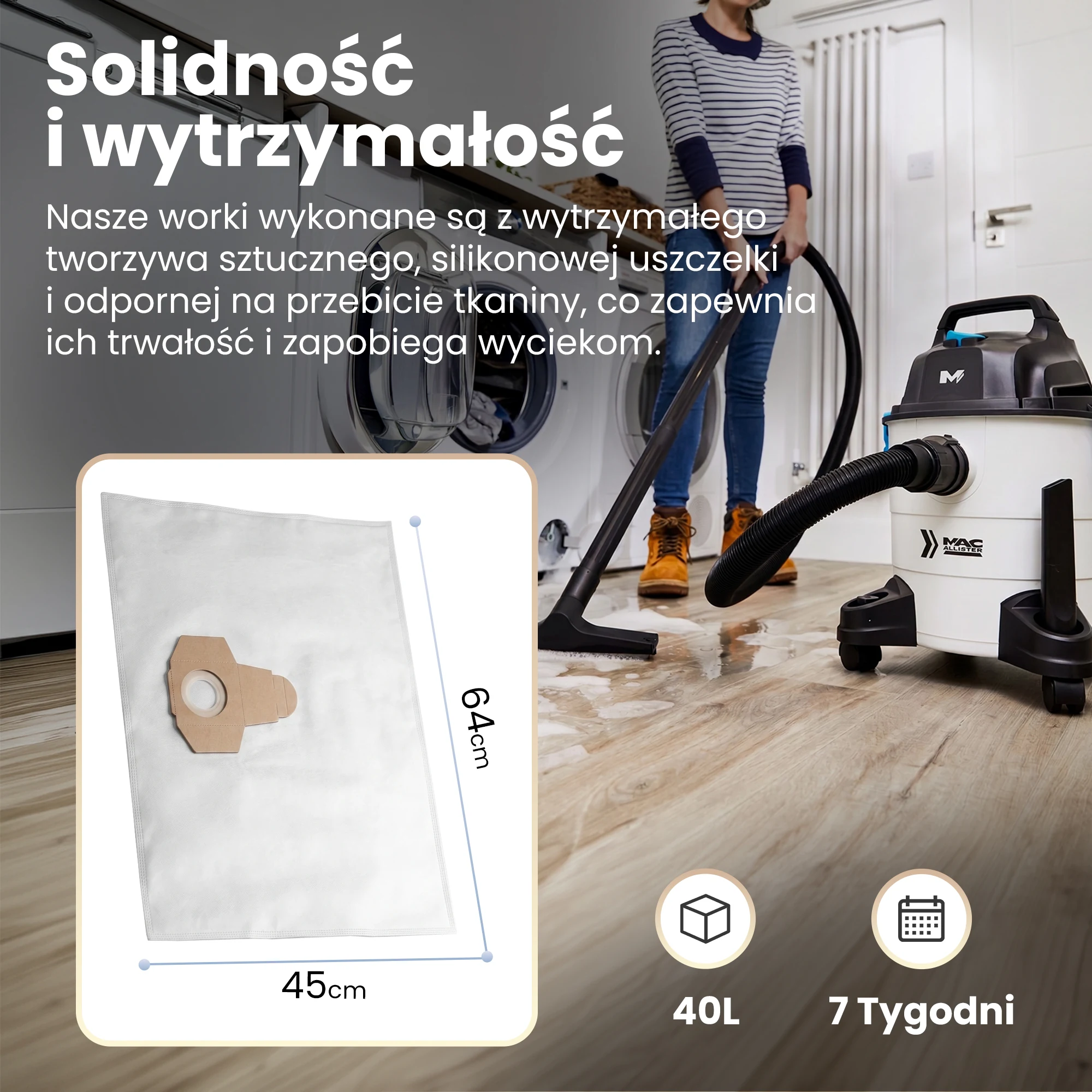 Synthetic vacuum bag with cardboard collar and rubber seal