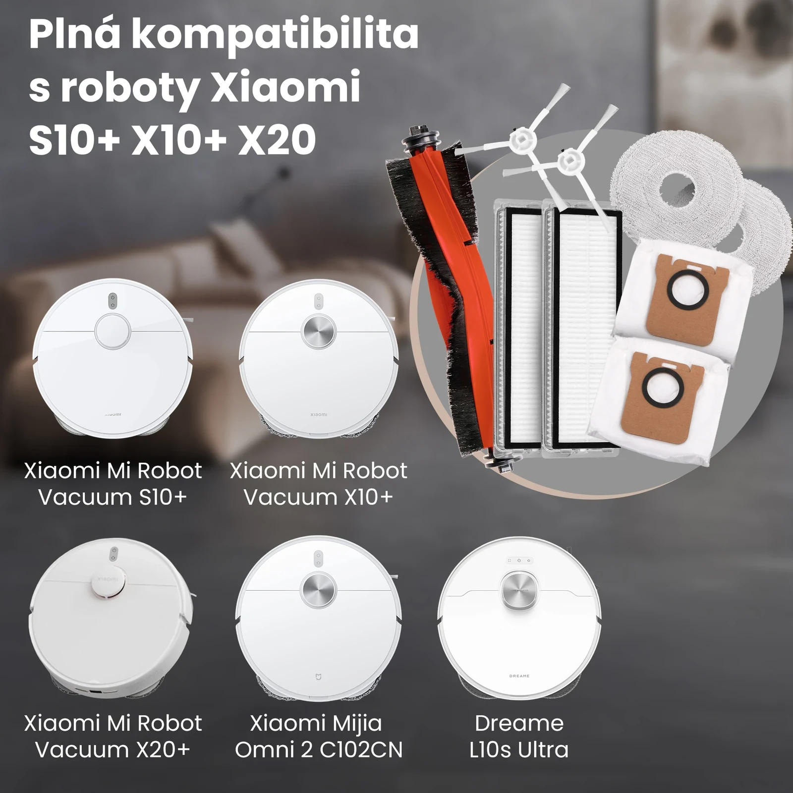 B&iacute;l&yacute; robotick&yacute; vysavač Xiaomi a sada kart&aacute;če, filtrů, s&aacute;čků a mopovac&iacute;ch hadř&iacute;ků
