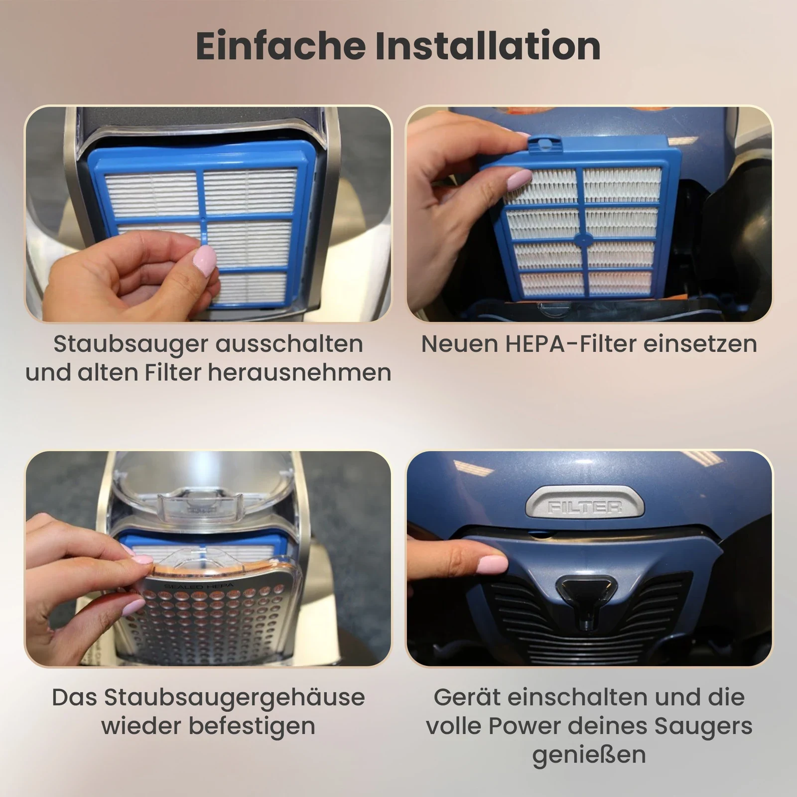 Blauer HEPA-Filter, der von einer Hand in die Staubsaugerkassette eingesetzt wird