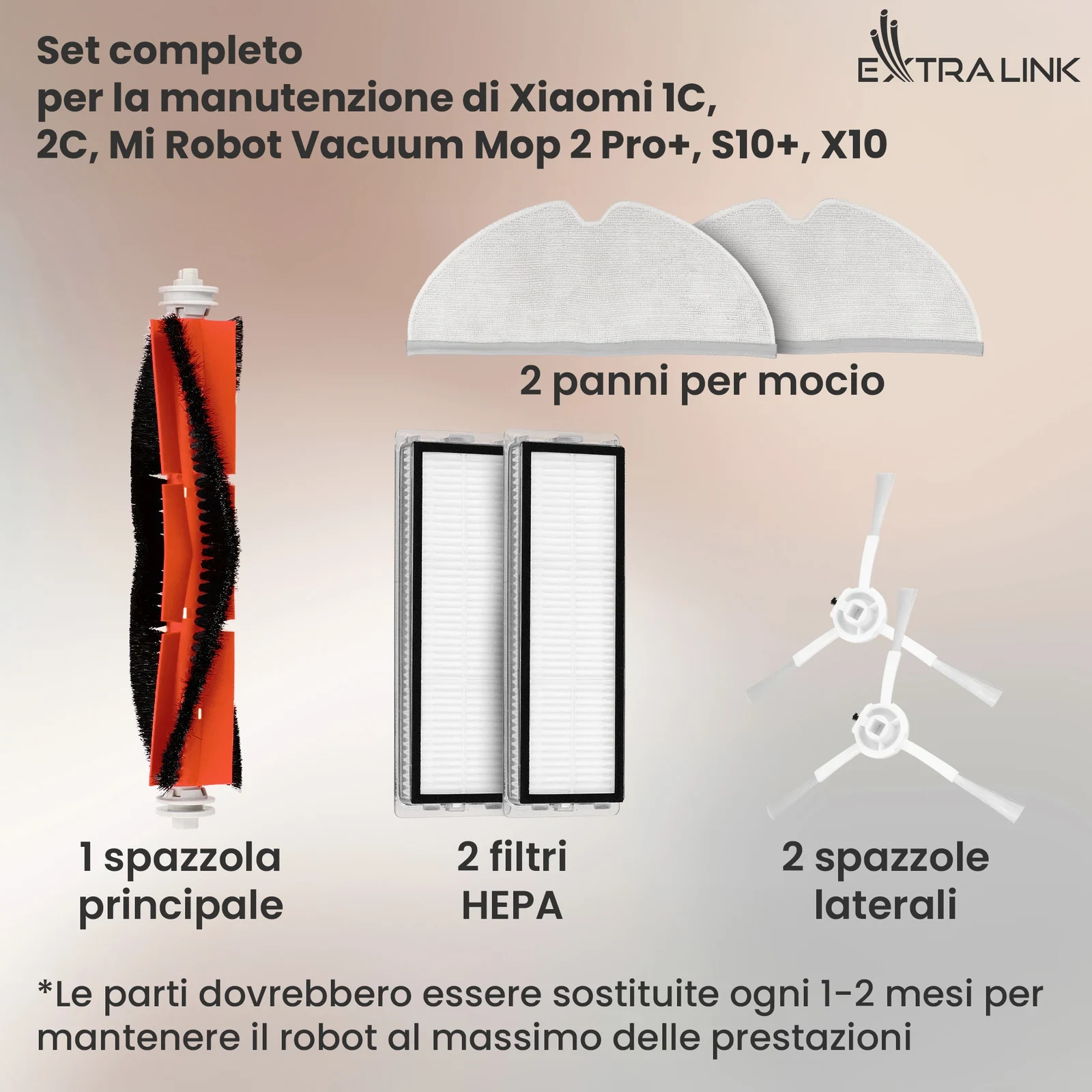 Elementi del kit per robot Xiaomi: spazzola principale, spazzole laterali, filtri e due panni lavapavimenti