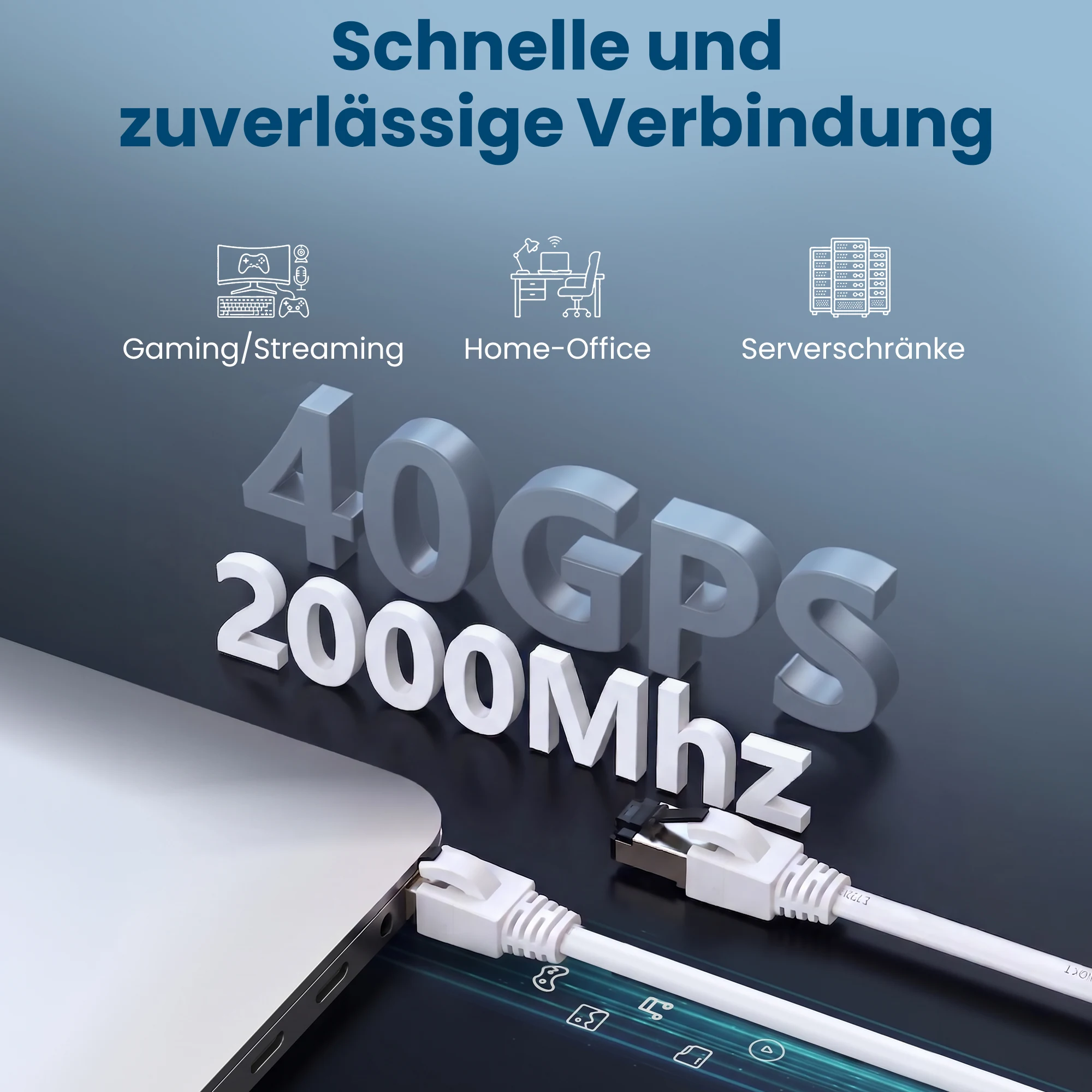 Weißes RJ45-Patchkabel, das mit einem Laptop und einem Netzwerkgerät auf einem Schreibtisch verbunden ist
