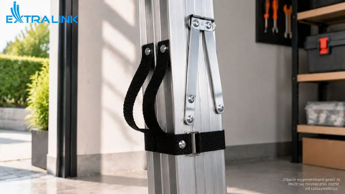 Zbliżenie na złożoną drabinę aluminiową z uchwytem do przenoszenia, paskiem z klamrą i metalowymi łącznikami.