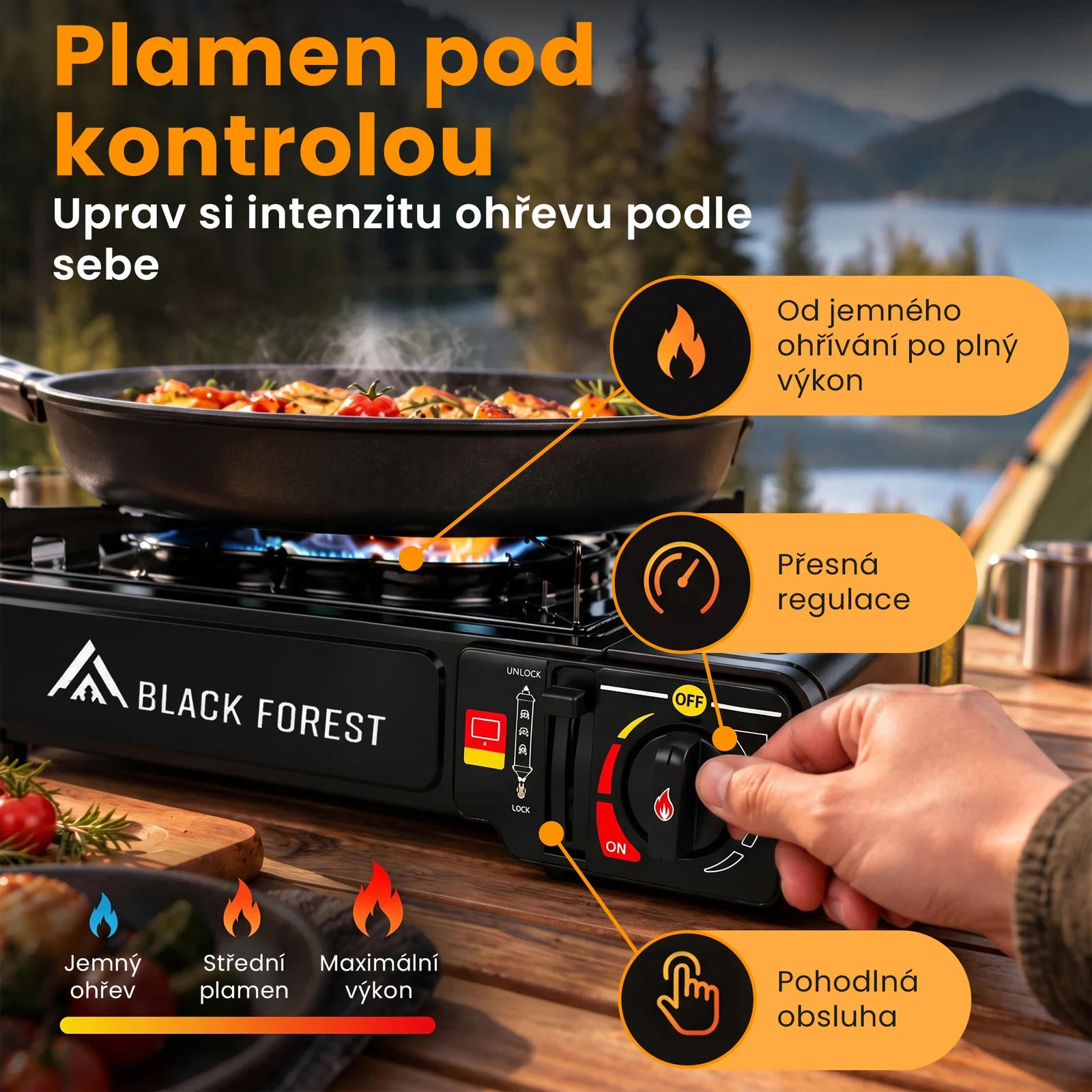 Kempingový vařič s knoflíkem regulace plamene a hrncem