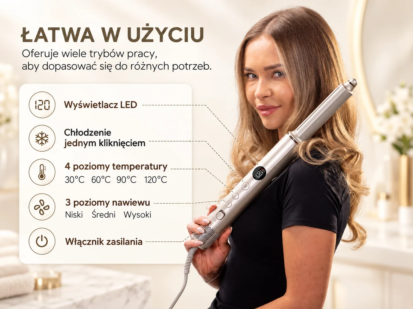 Kobieta korzysta z lok&oacute;wko-suszarki z wyświetlaczem i przyciskami sterowania