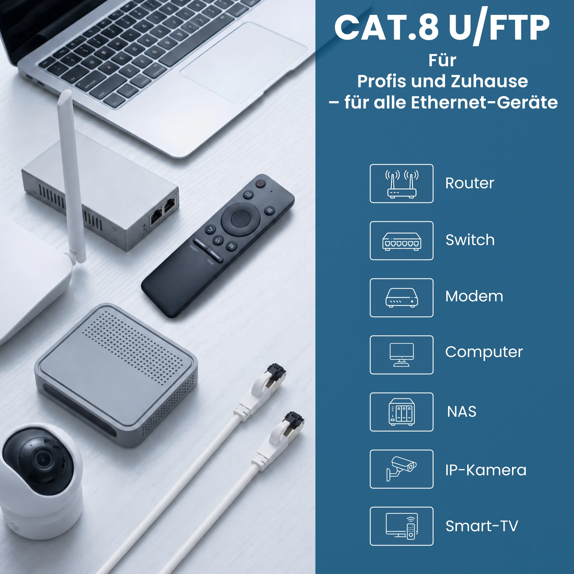 Weißes RJ45-Patchkabel neben Router, Computer, Modem, Switch, NAS-Server und Kamera