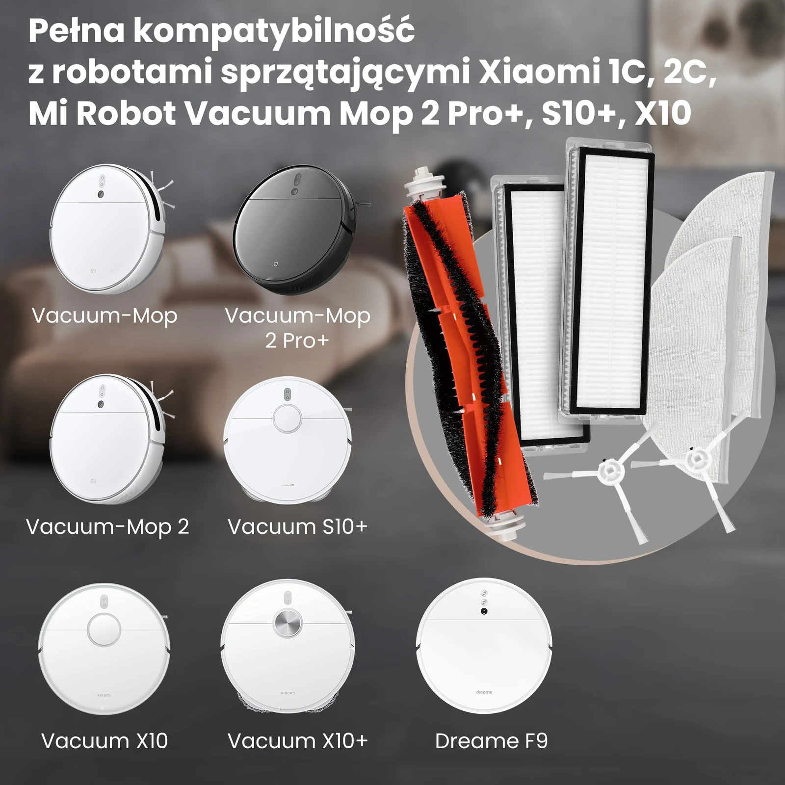 Białe i czarne roboty sprzątające Xiaomi oraz Dreame obok szczotki, filtrów, szczotek bocznych i mopów
