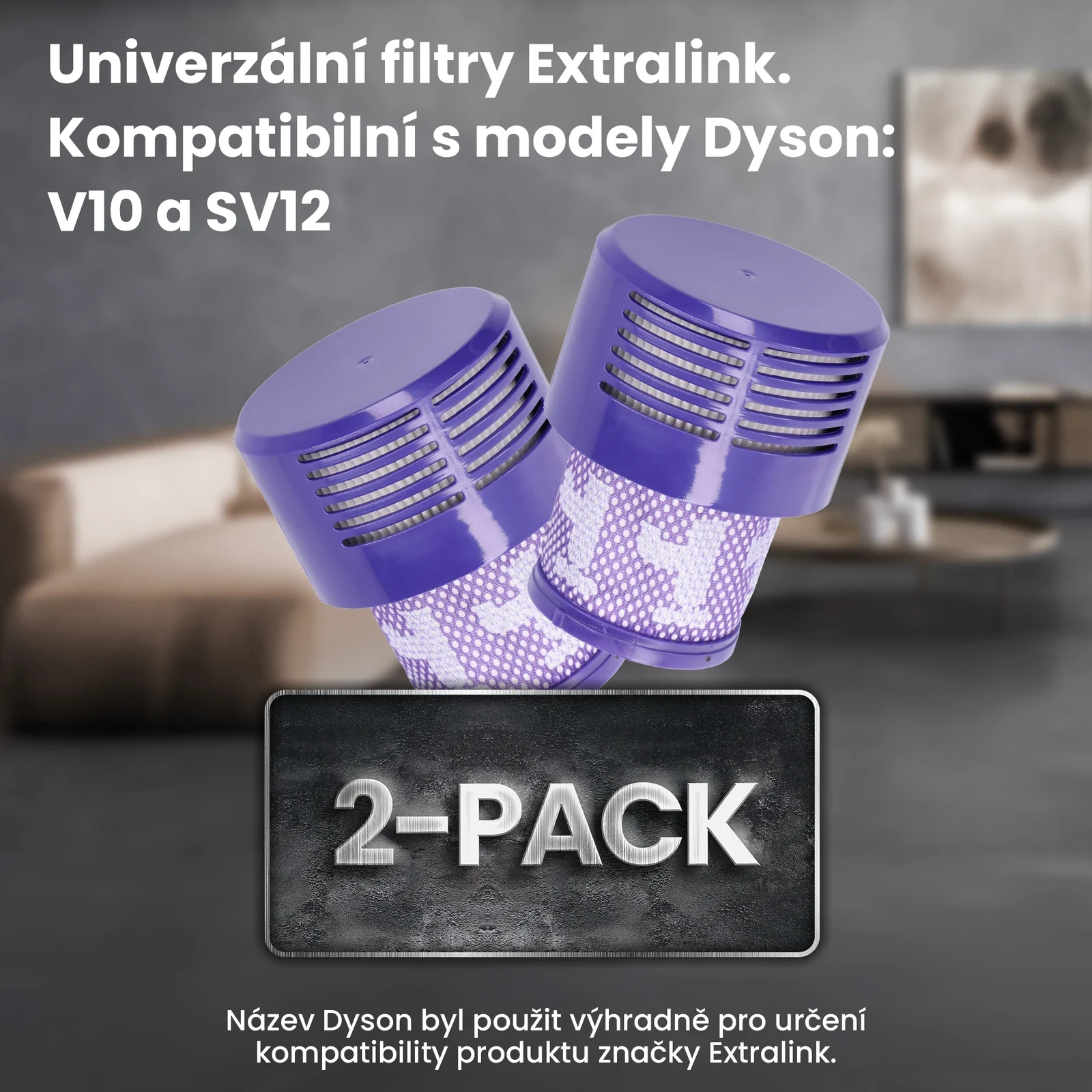 Dva fialové filtry Extralink vedle sebe na šedém pozadí s nápisem 2-PACK na kovové destičce