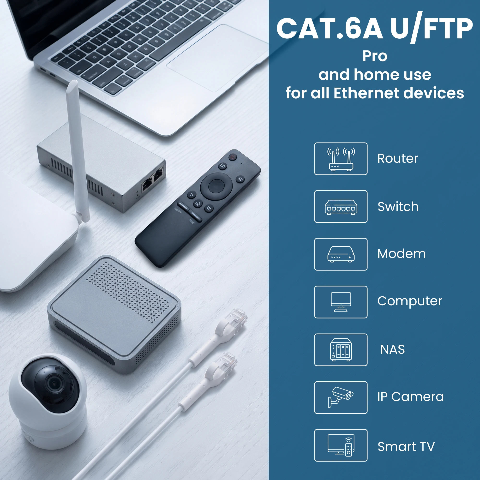 White Extralink patch cord connects a router, switch, modem, computer, NAS, IP camera and Smart TV
