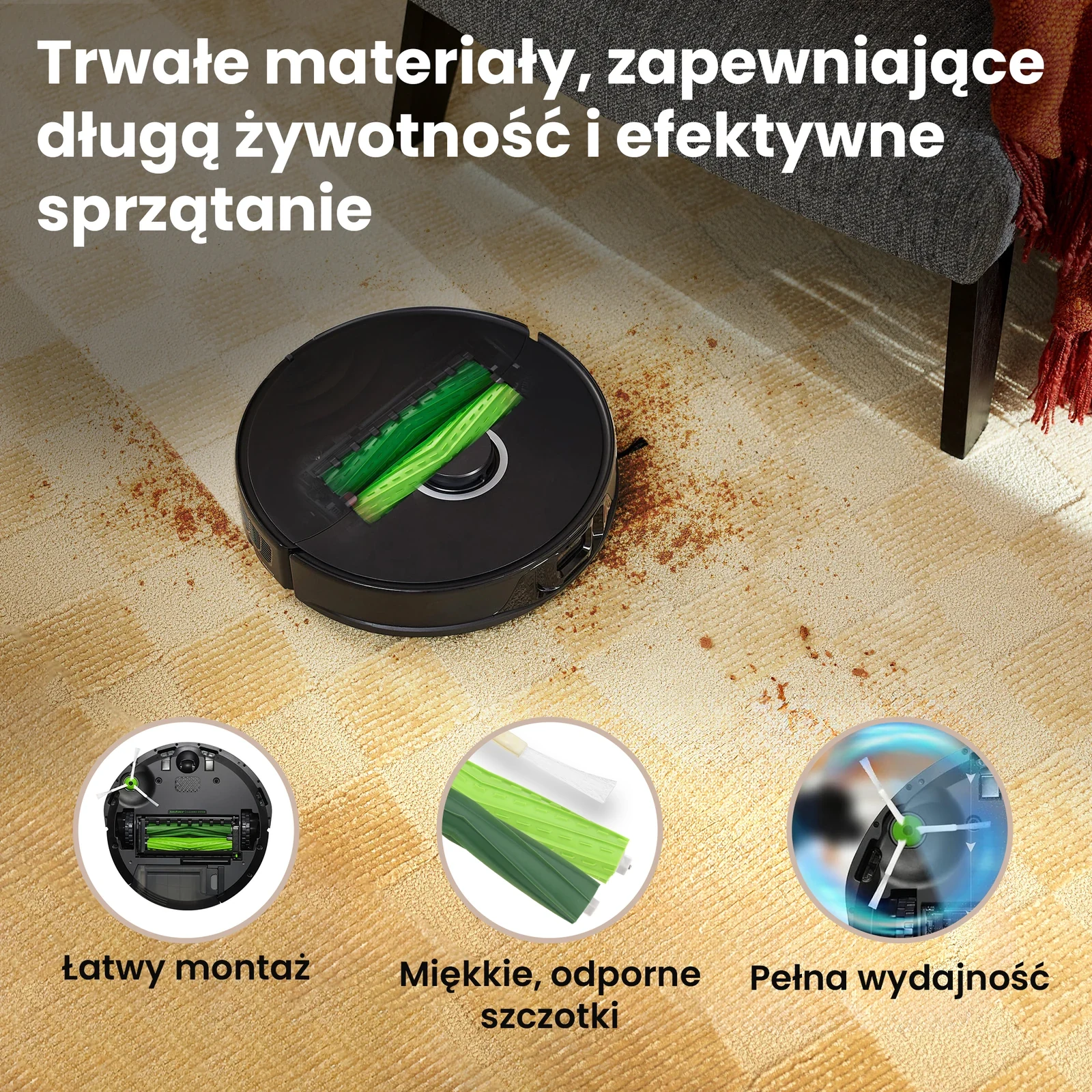 Robot sprzątający iRobot Roomba z zielonymi rolkami gumowymi na dywanie