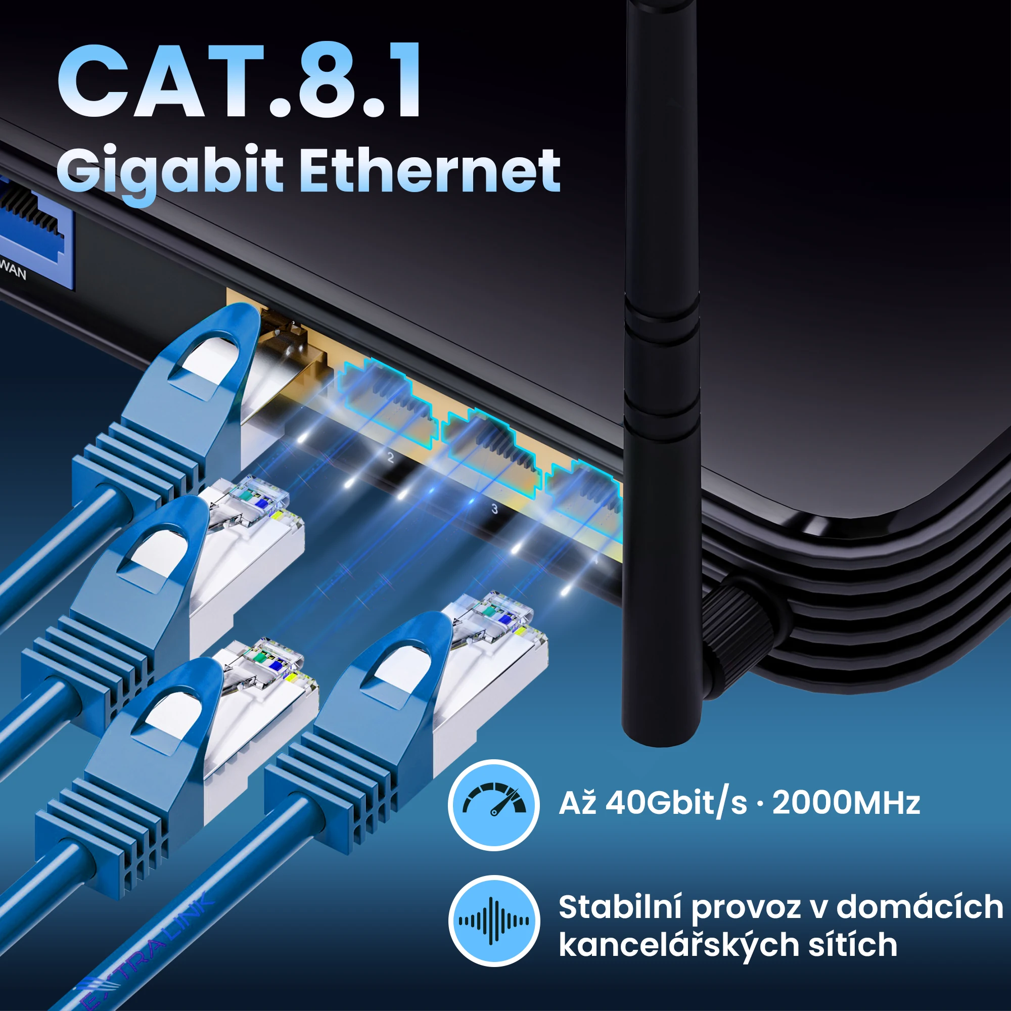 Modré stíněné patchcordy RJ45 připojené k routeru a síťovému přepínači