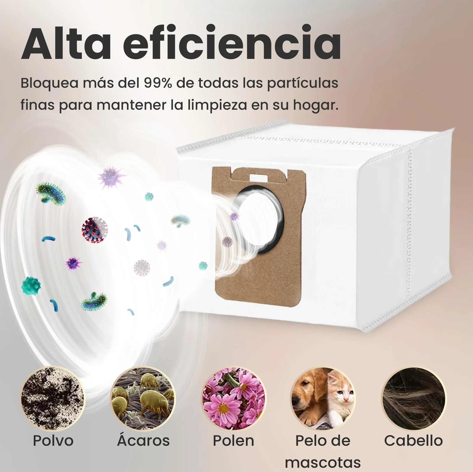 Bolsa blanca para robot aspirador con símbolos de colores de polvo, pelo de mascotas y cabello
