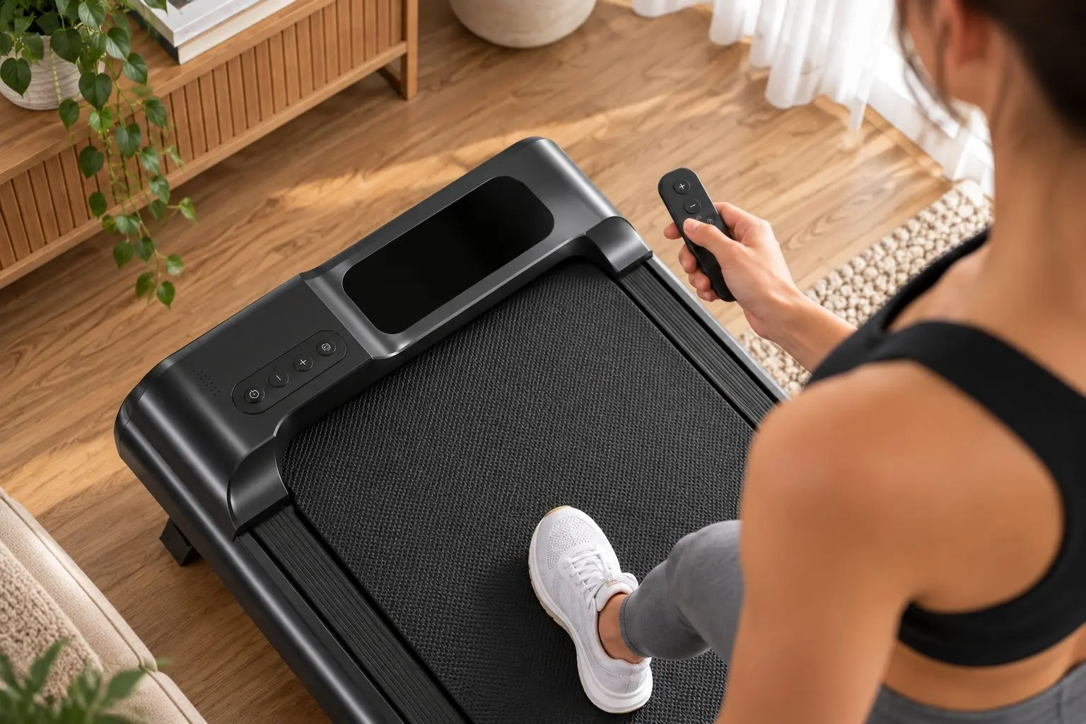Kobieta stojąca na bieżni StayFit Beam steruje urządzeniem za pomocą bezprzewodowego pilota
