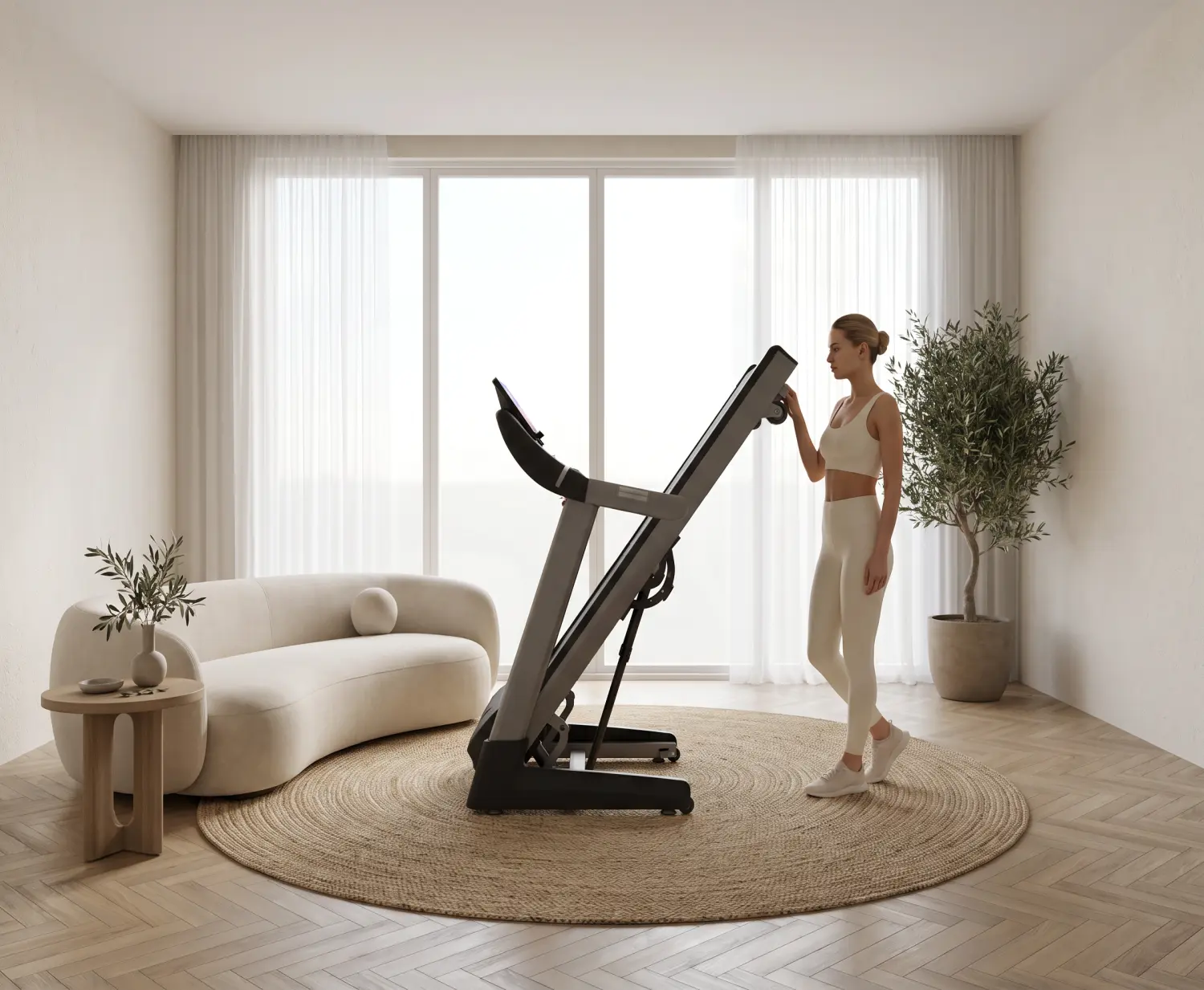 Elektrisches Laufband StayFit Skyline in einem hellen Wohnzimmer während der Nutzung, Frau, die das Gerät im heimischen Trainingsbereich benutzt.