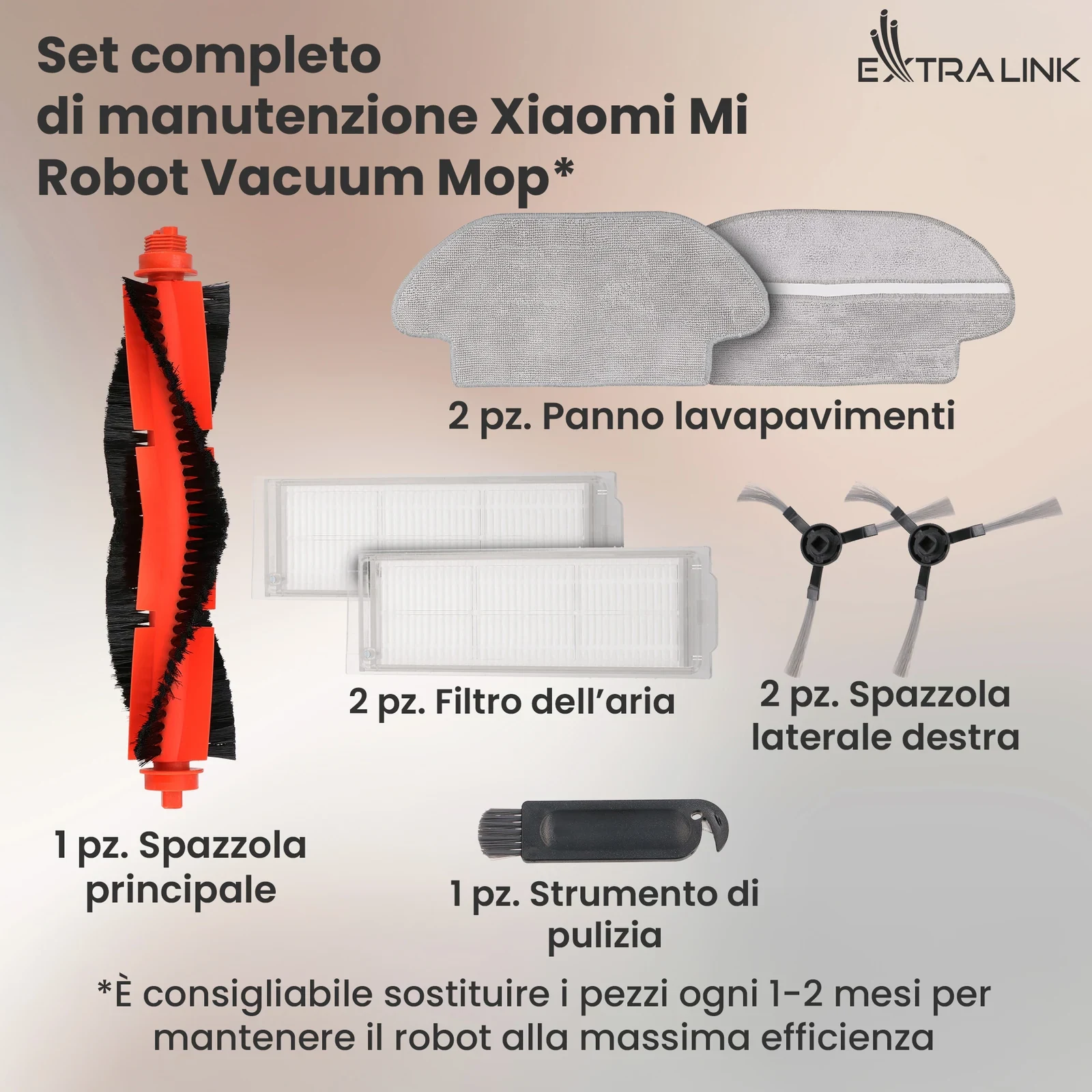 Set di componenti per robot Xiaomi: spazzola principale, panni per mocio, filtri, spazzole laterali e strumento di pulizia