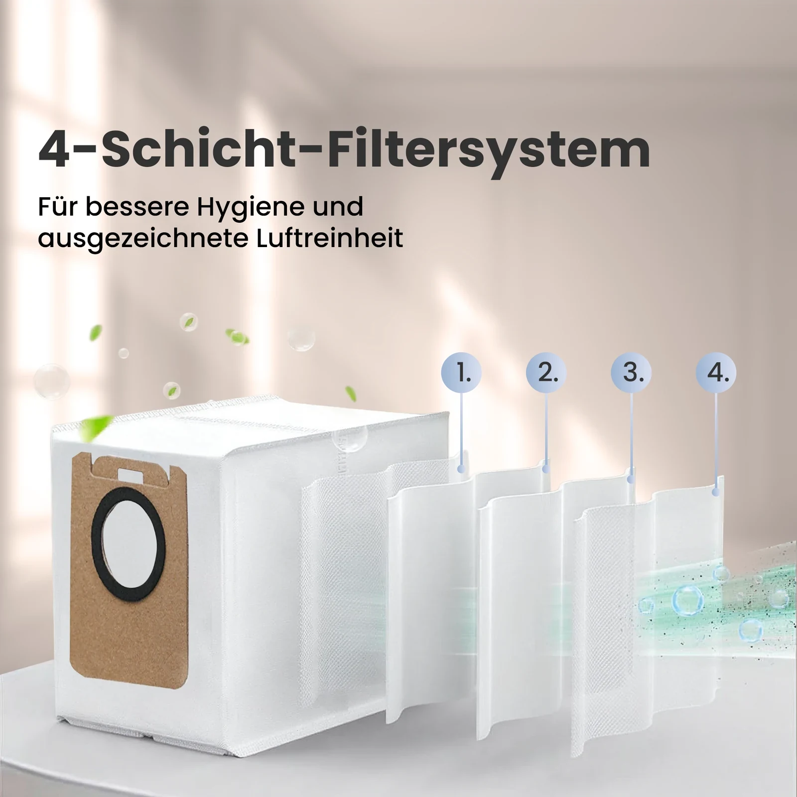 Wei&szlig;er Staubsaugerbeutel mit sichtbaren vier Schichten des Filtermaterials