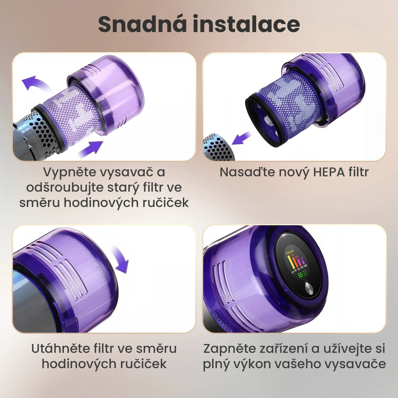 Čtyři fotografie ukazující proces odšroubování starého a přišroubování nového filtru k tělu vysavače