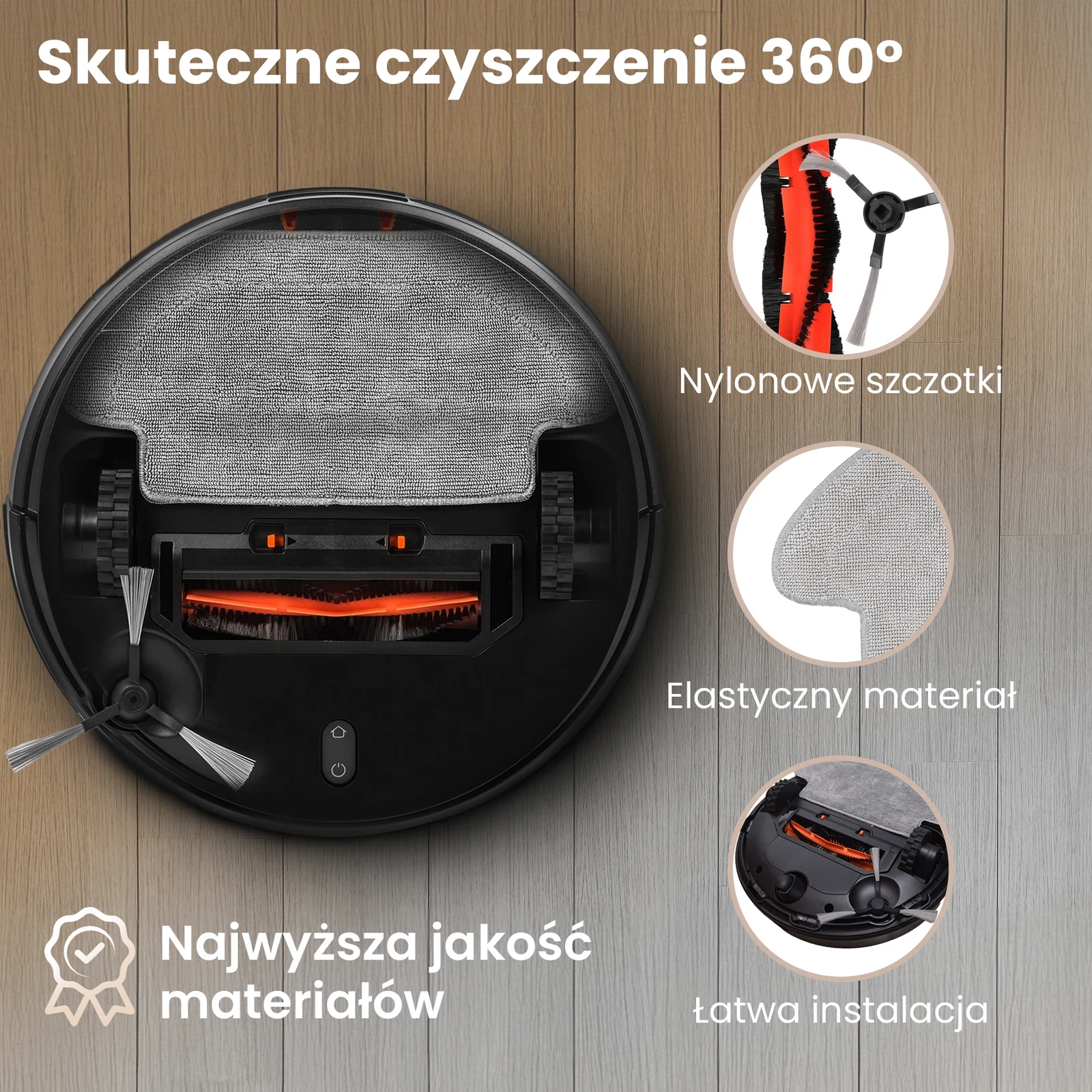 Czarny robot sprzątający od spodu z zamontowaną szczotką główną, szczotką boczną i mopem