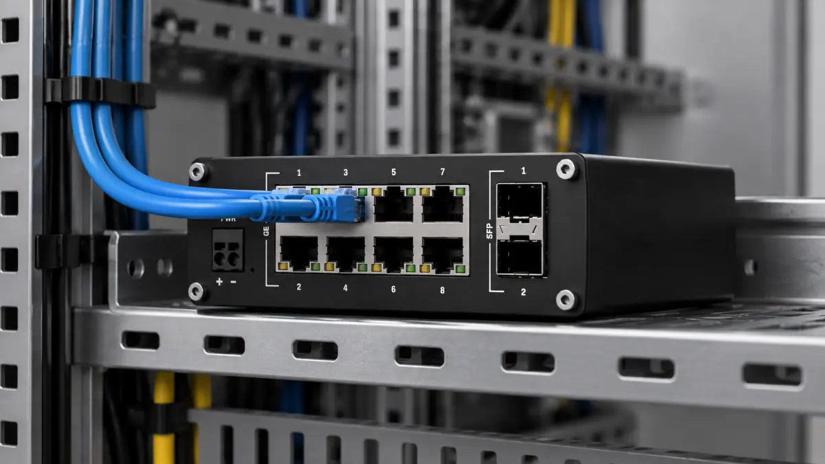 Czarny przełącznik Teltonika TSW210 w szafie sterowniczej, z niebieskimi przewodami Ethernet.