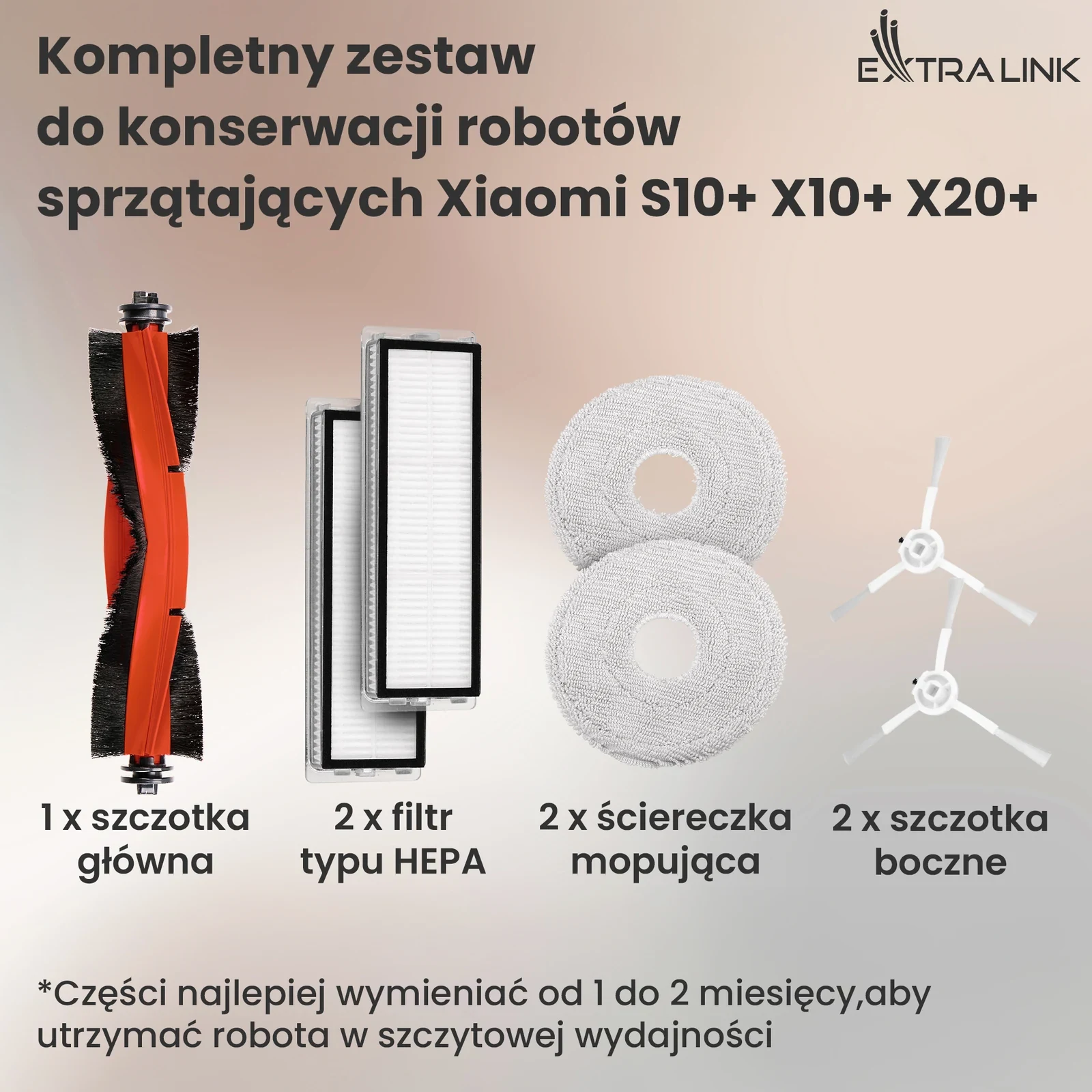 Szczotka główna, dwa filtry HEPA, dwie ściereczki mopujące i dwie szczotki boczne