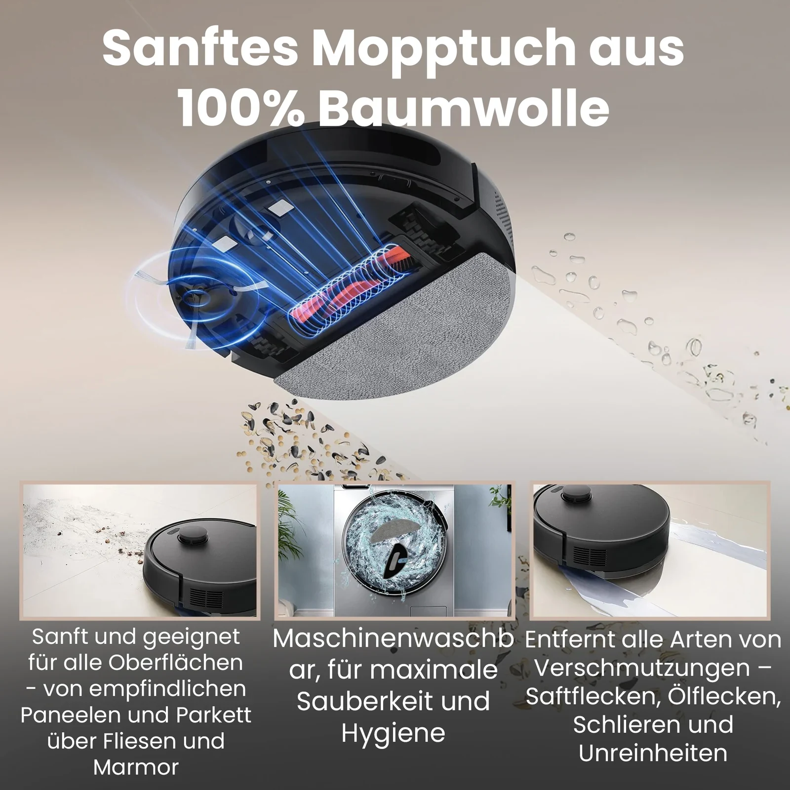 Saugroboter mit angebrachtem grauem Wischmopp auf einem hellen Boden